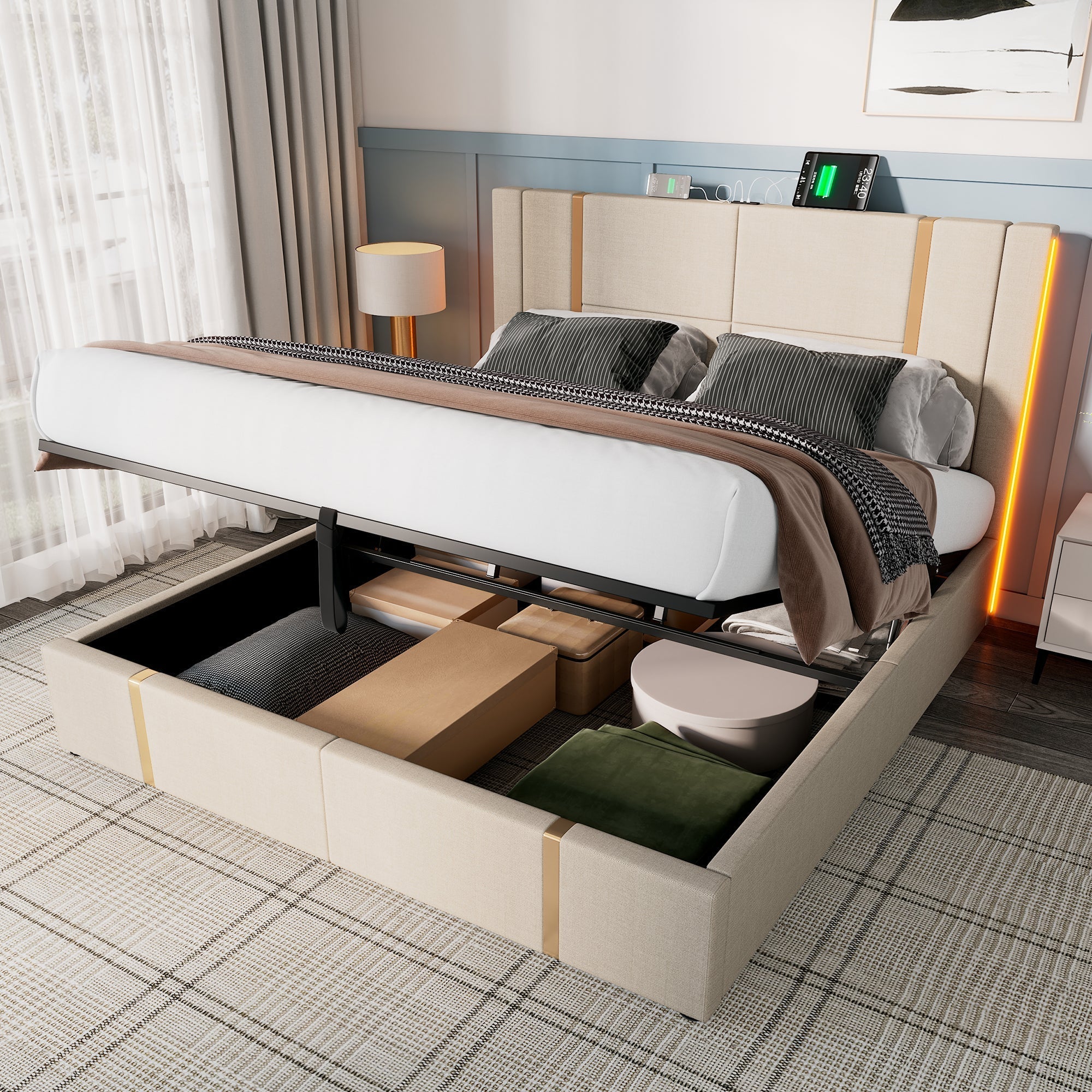 Upholstered Double Bed, 140x200 LED USB-C Storage, Beige Linen