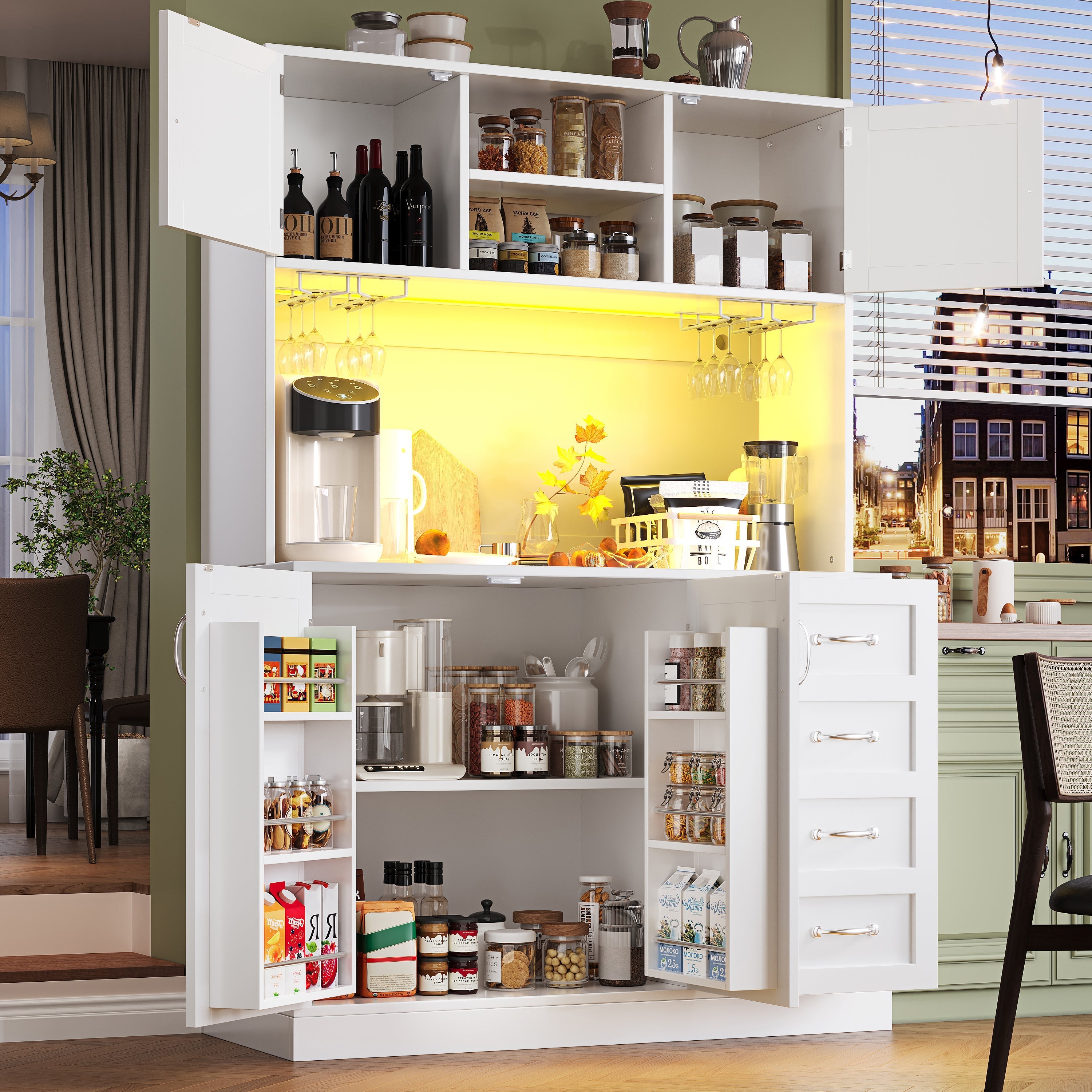 Buffet Sideboard with LED Lighting, Snack Shelf and Drink Holders, Green, Black and White