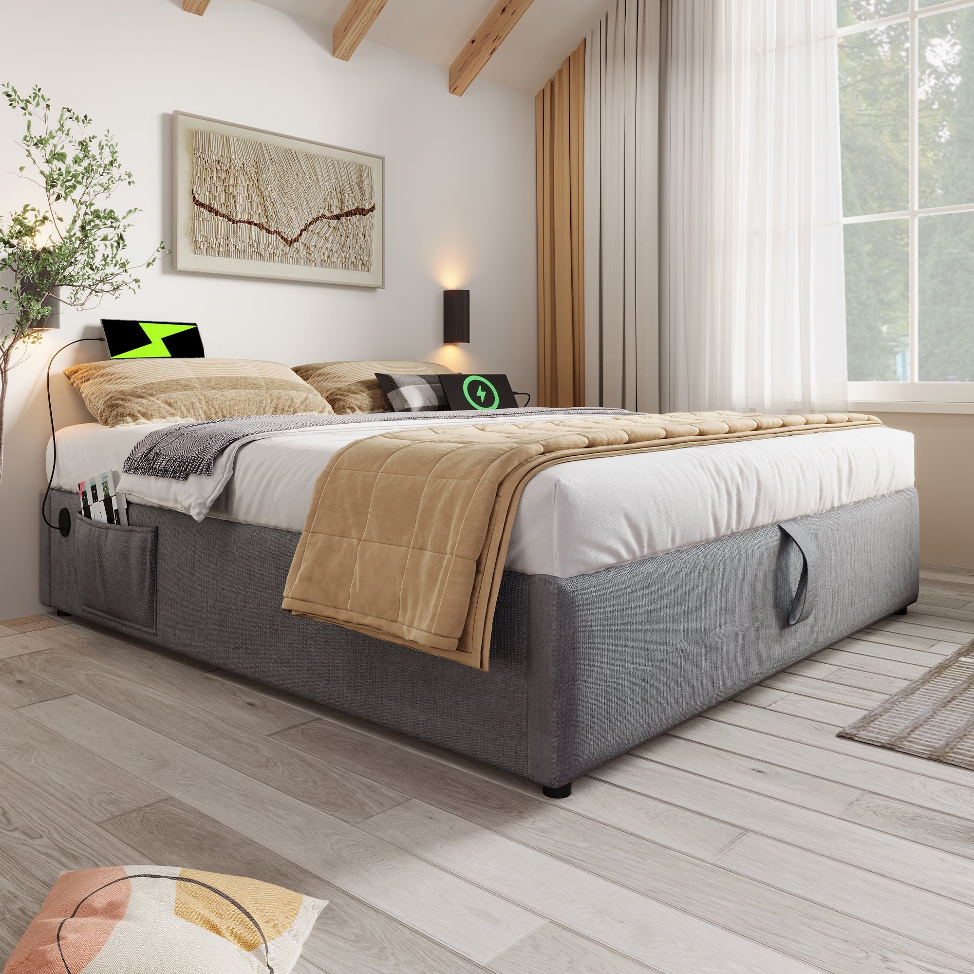 Upholstered Double Bed with Storage, USB-C and Full Slatted Base, 160x200cm, Grey Cotton