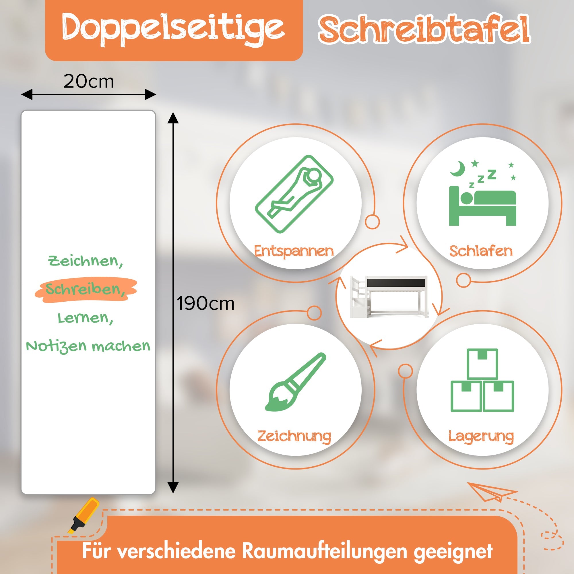 Children's Loft Bed with Whiteboard & Blackboard, Storage, 90 x 200 cm, White