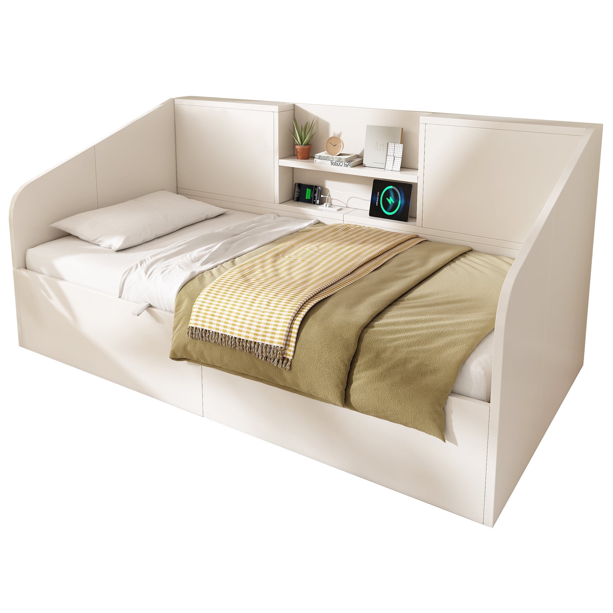 Daybed 90x200cm Hydraulic Storage USB/Type-C Charging - White Wood