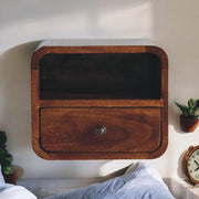 Extra Mini Bedside, Wall Mounted Curved 1 Drawer Open Slot, Solid Wood Dark Brown