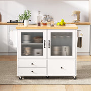 Mobile Kitchen Island Extendable Table Wheels Wine Glass Holder Storage - White