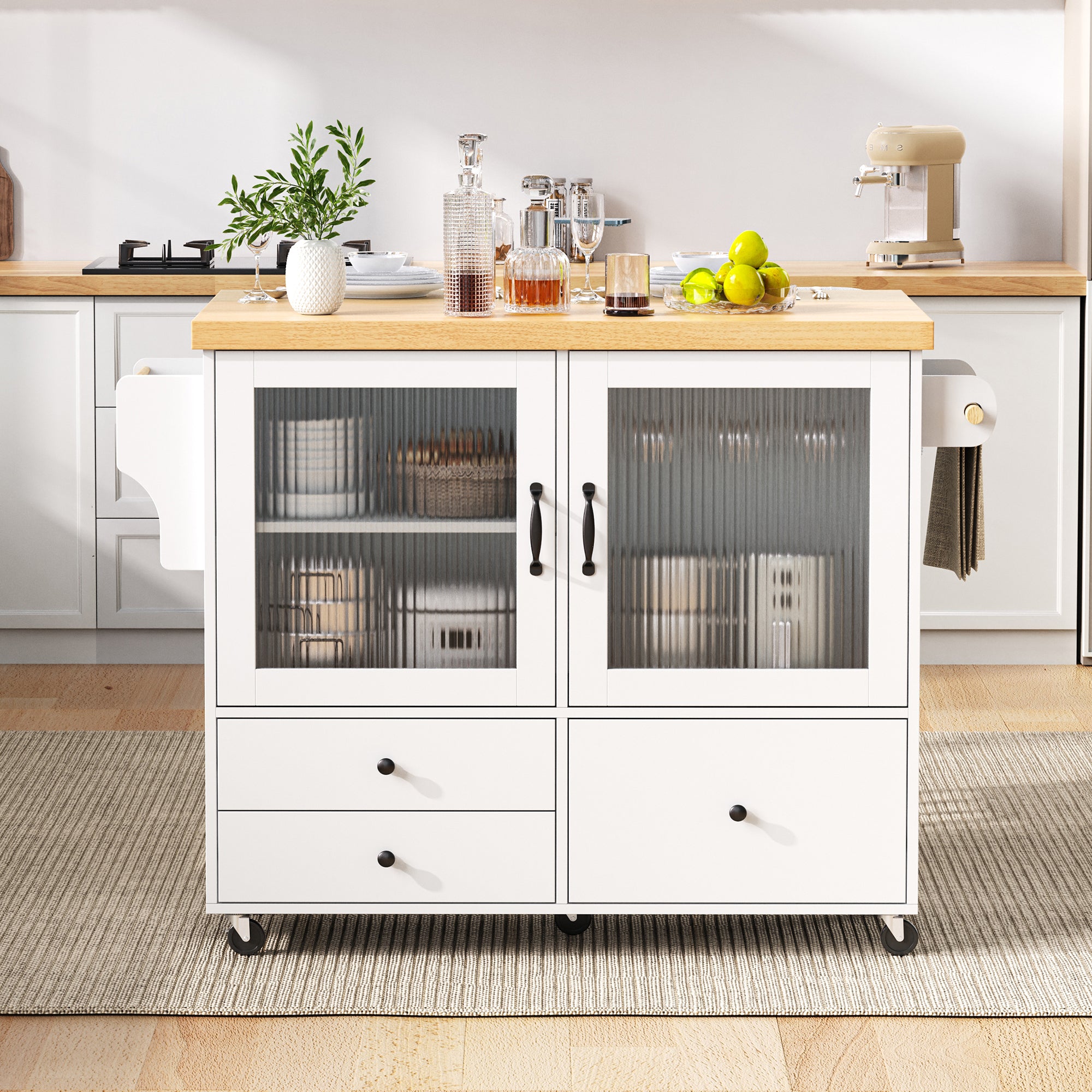 Mobile Kitchen Island Extendable Table Wheels Wine Glass Holder Storage - White