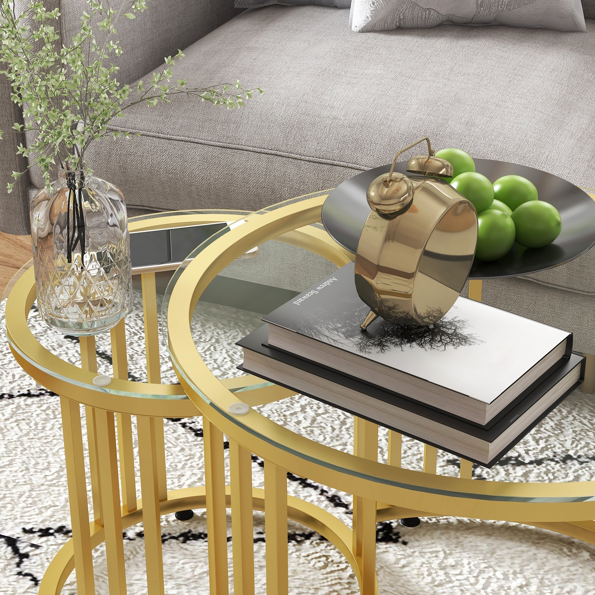 Round Coffee Tables Set of 2, Nesting Tempered Glass Top Steel Frame, Gold Tone