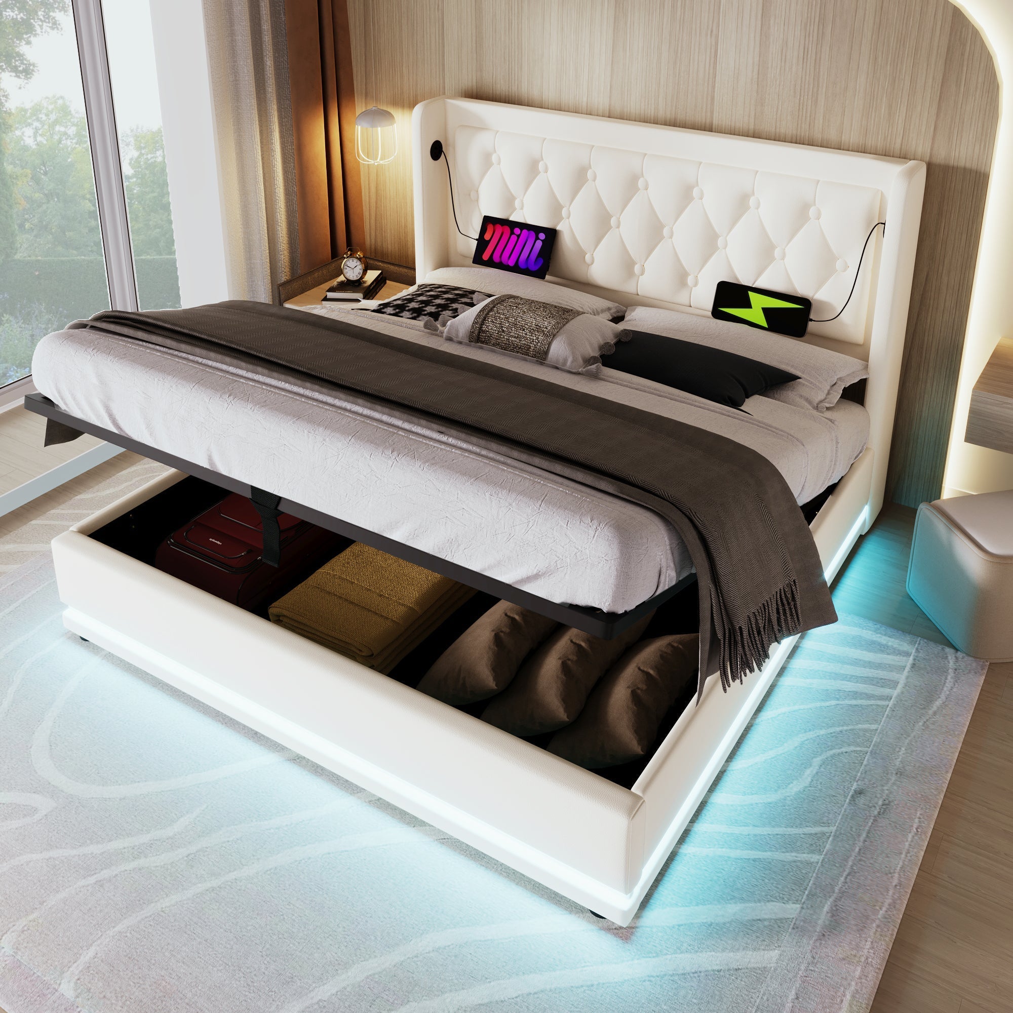 Upholstered Double Bed, Hydraulic Storage, USB-C, LED, White PU
