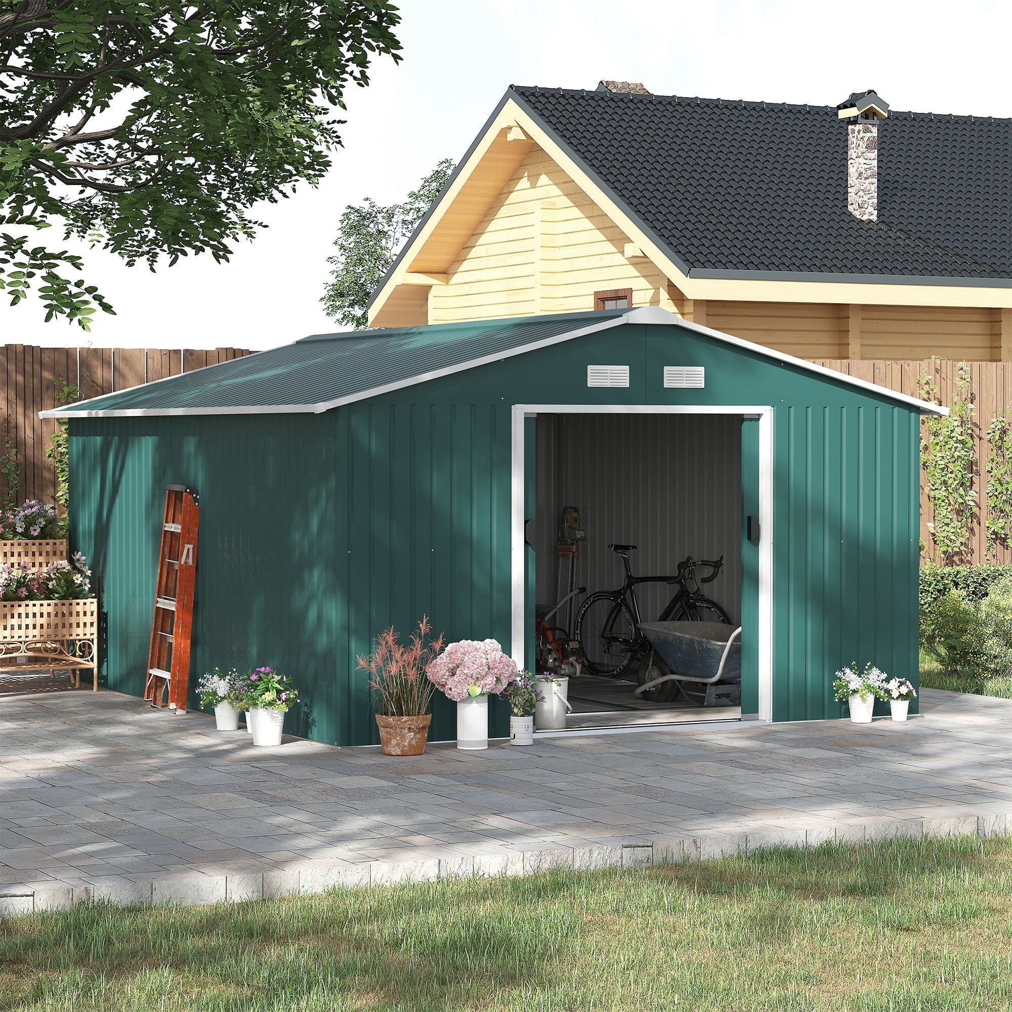 Steel Sliding Door Storage Shed 12.5 x 11.1ft - Green
