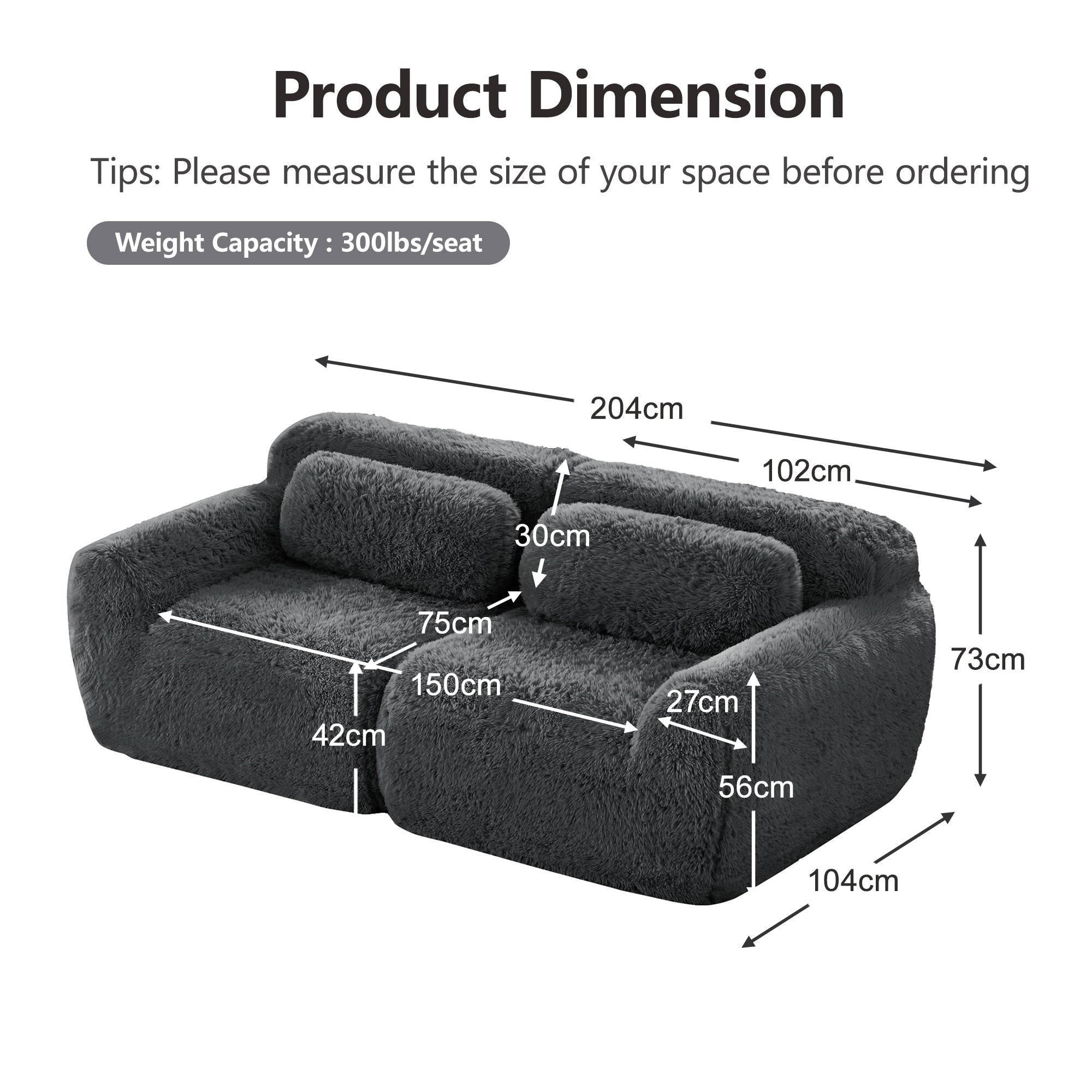 2-seater Sofa Frameless Modular Design Plush Fabric Grey