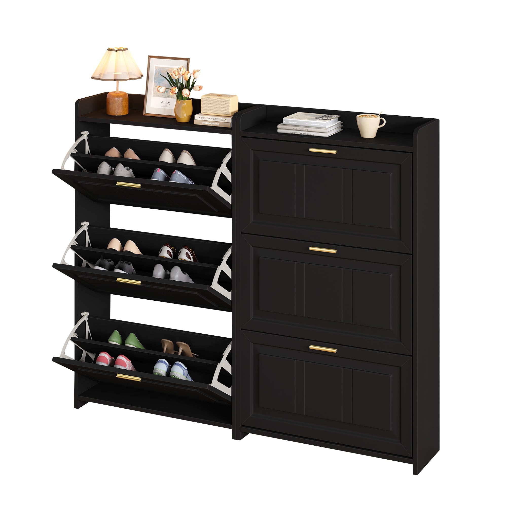 Shoe Cabinet Set with 6 Compartments and 2-Piece Design, Black MDF and Chipboard