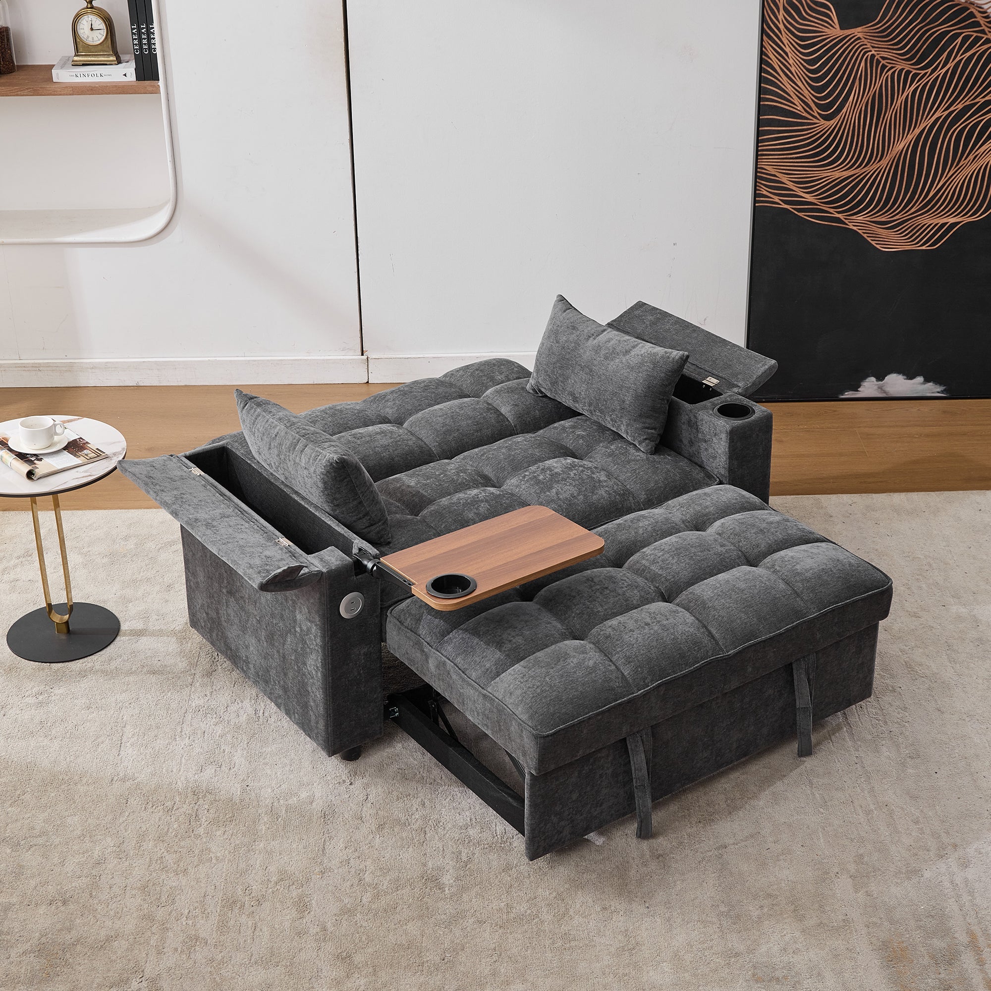 3-in-1 Sleeper Sofa Adjustable USB Hidden Table Cup Holder, Grey