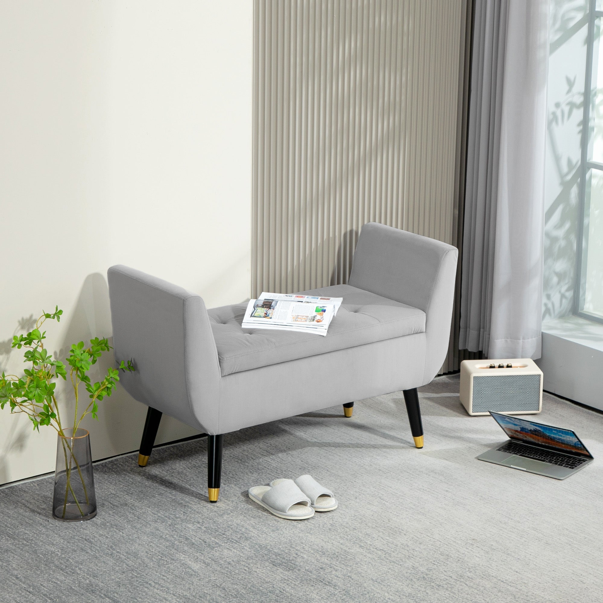 Upholstered Bench, Storage Armrests, Chest, Velvet, Light Grey