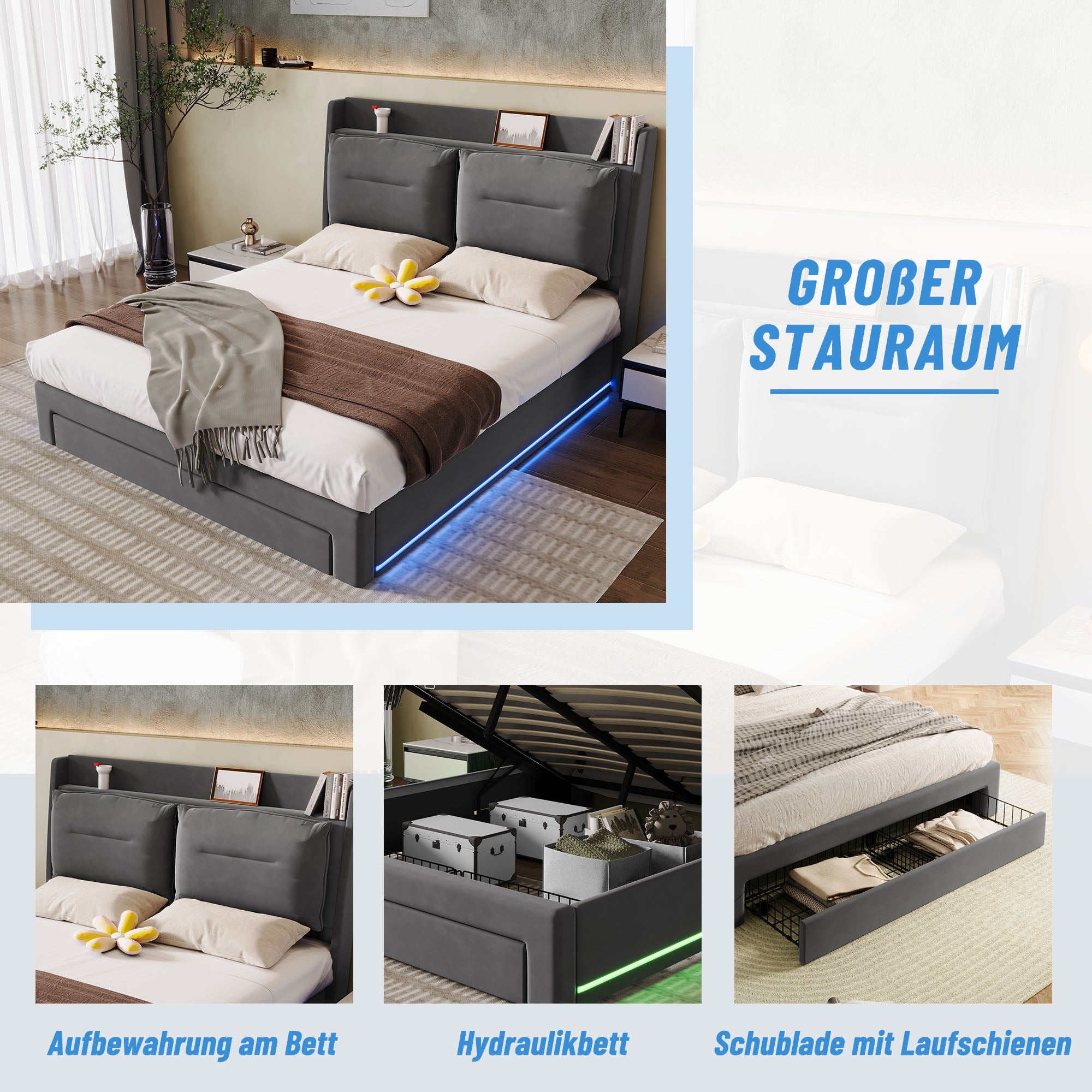 LED Upholstered Bed 140*200 Hydraulic Storage Drawers Velvet Dark Grey