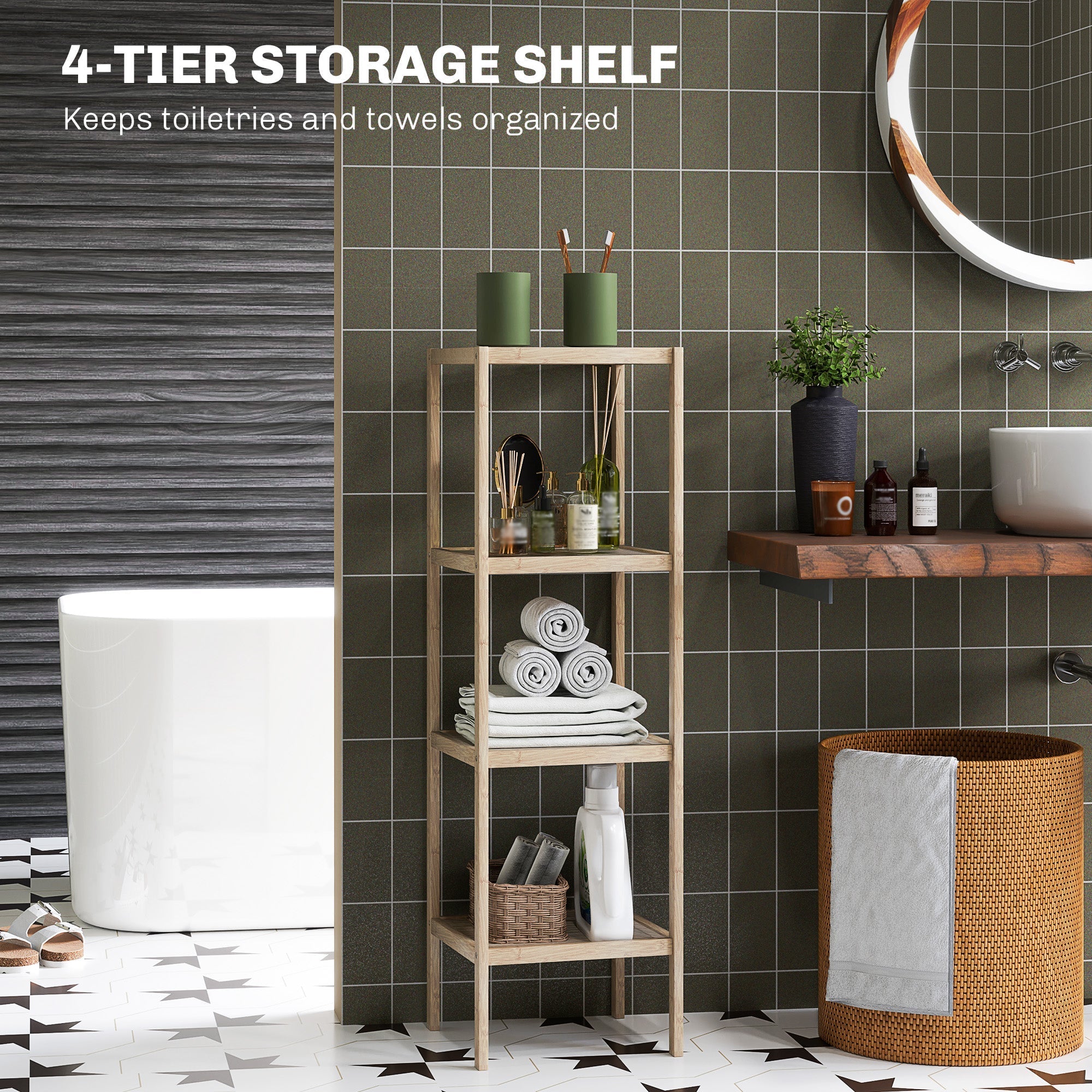 Four-Tier Shelf Bathroom Storage Unit Bamboo Natural Finish
