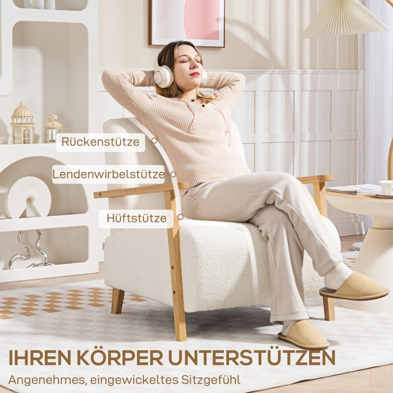 Armchair, Upholstered Lounge with Wooden Legs, Cream White