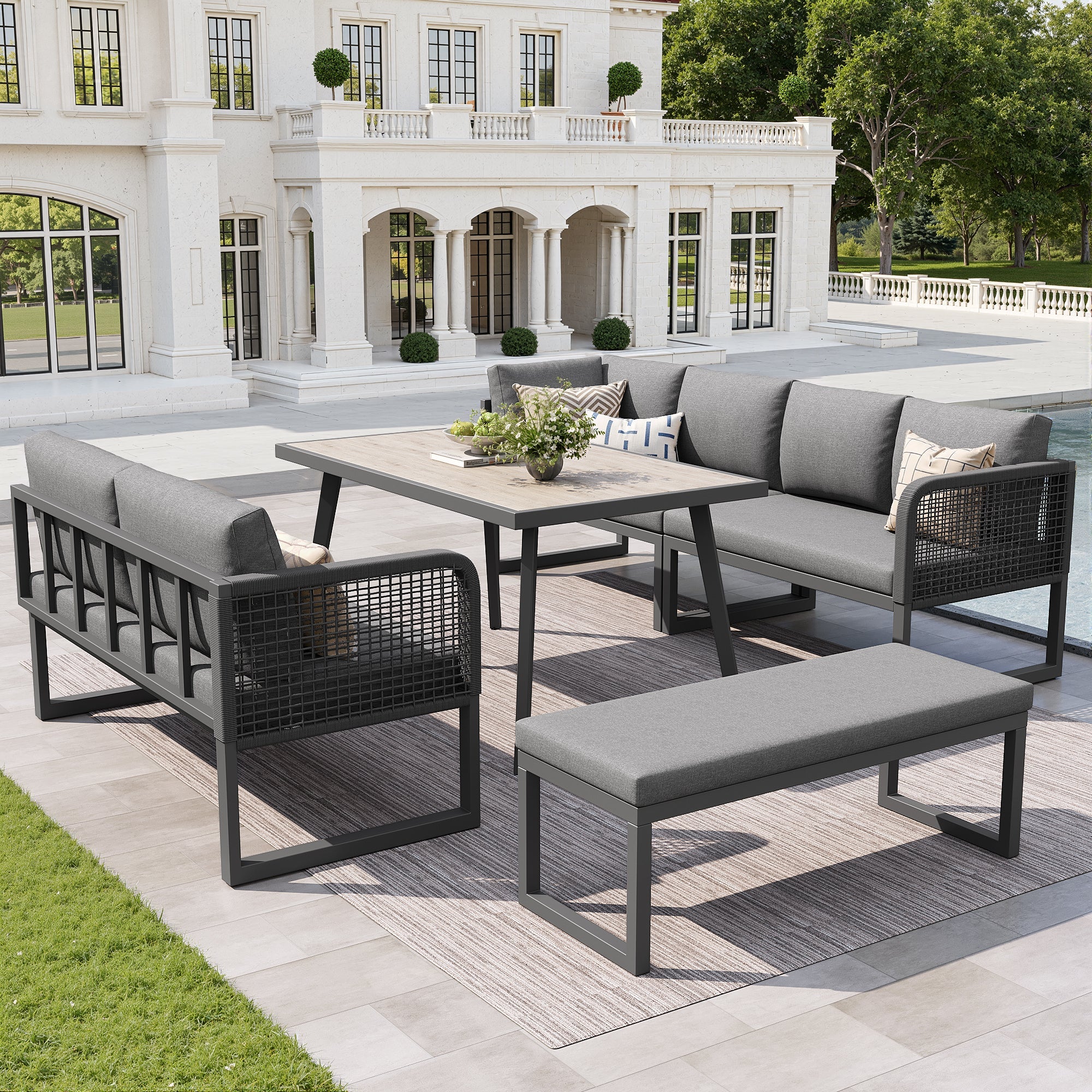 Patio Sofa Set 6-8 Seater Hand-Woven Rattan with Cushions - Grey