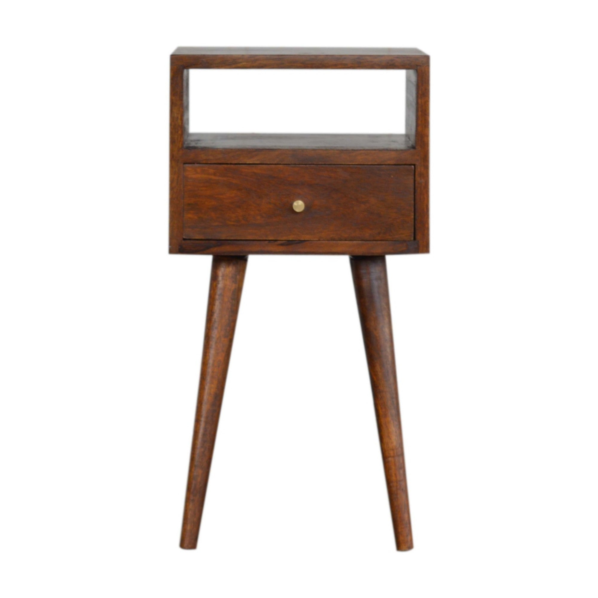 Solid Wood Mini Bedside, 1 Drawer Open Shelf, Dark Brown