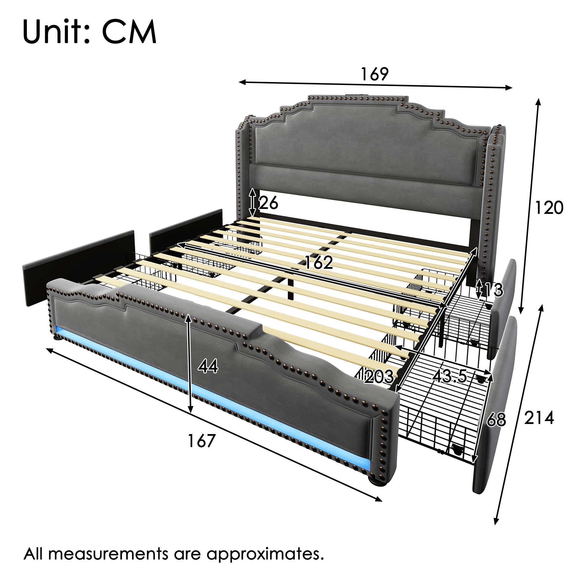 Upholstered Bed 160x200, 4 Drawers, LED, USB-C, Slatted Frame, Velvet Grey