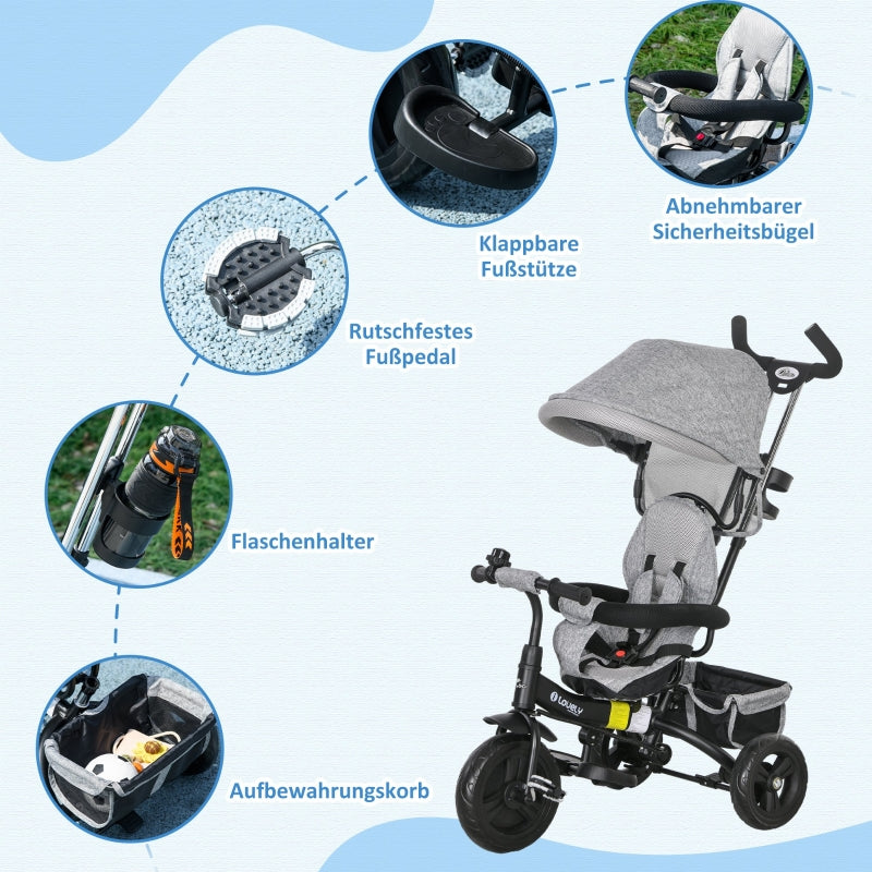 6-in-1 Children's Tricycle with Push Bar, Canopy and Storage Basket, Grey