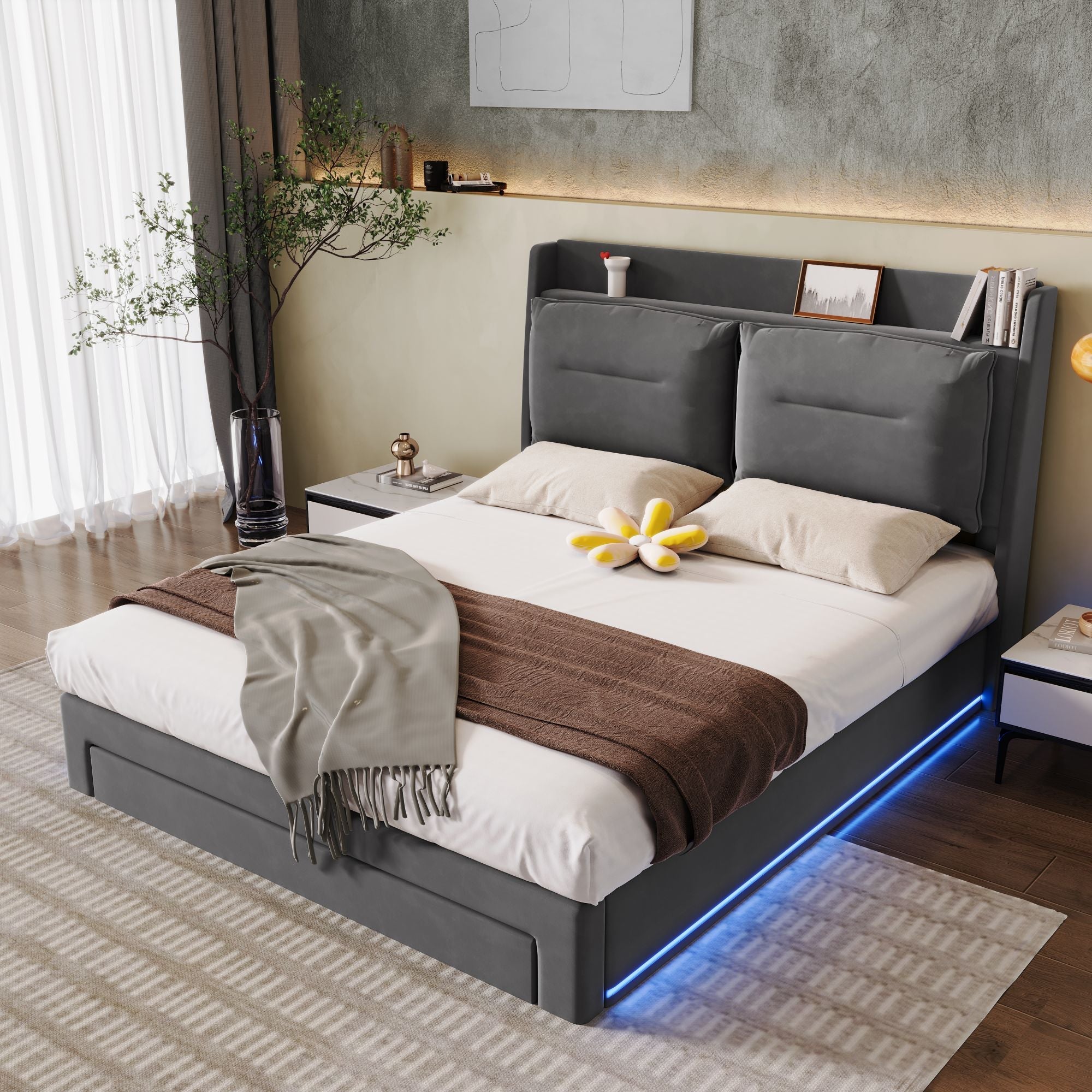 Upholstered Bed Double 4ft6 Hydraulic Storage LED Lights, Velvet Dark Gray
