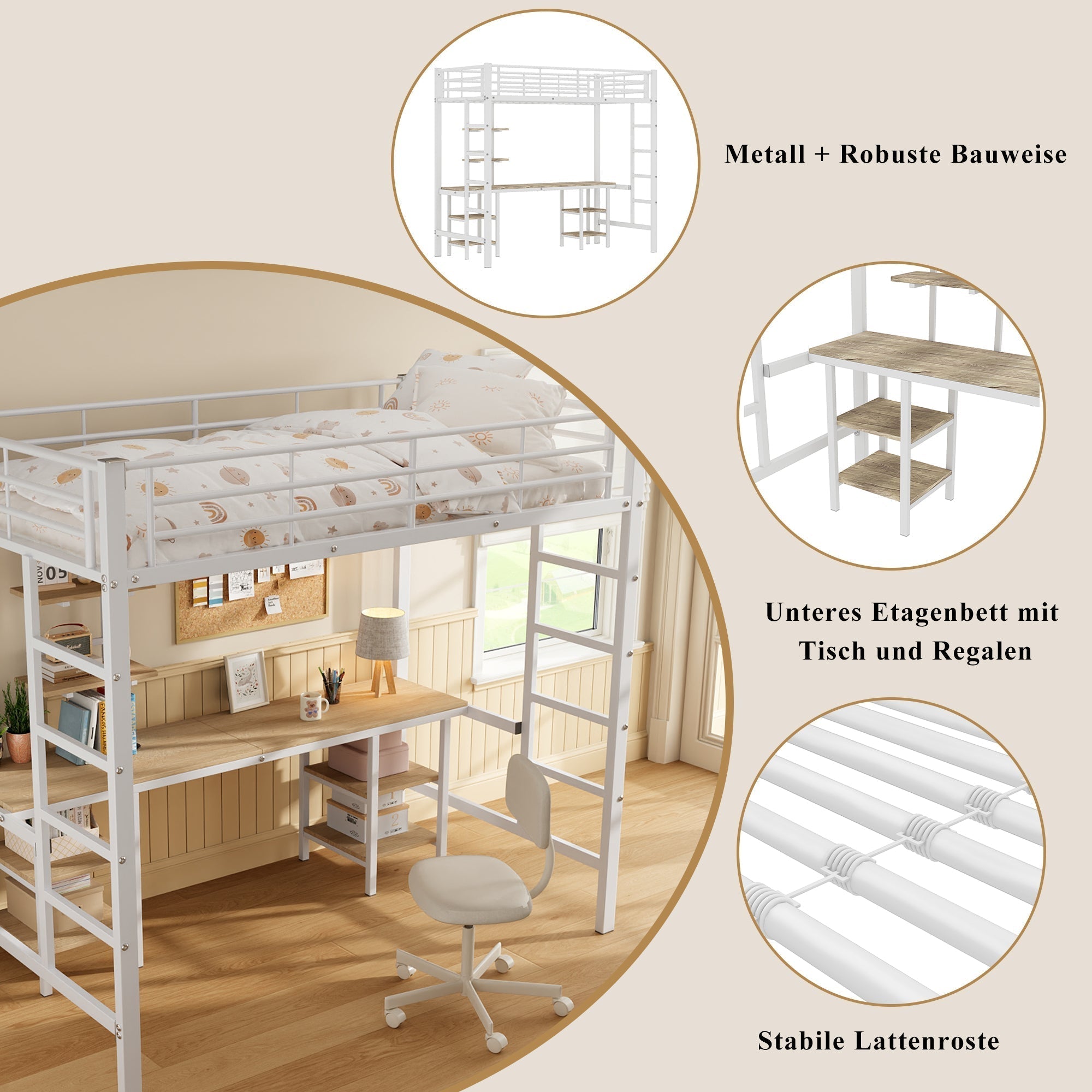 Iron Frame Bunk Bed with Table, Shelves, Safety Rail, 90x200cm, White Iron + MDF
