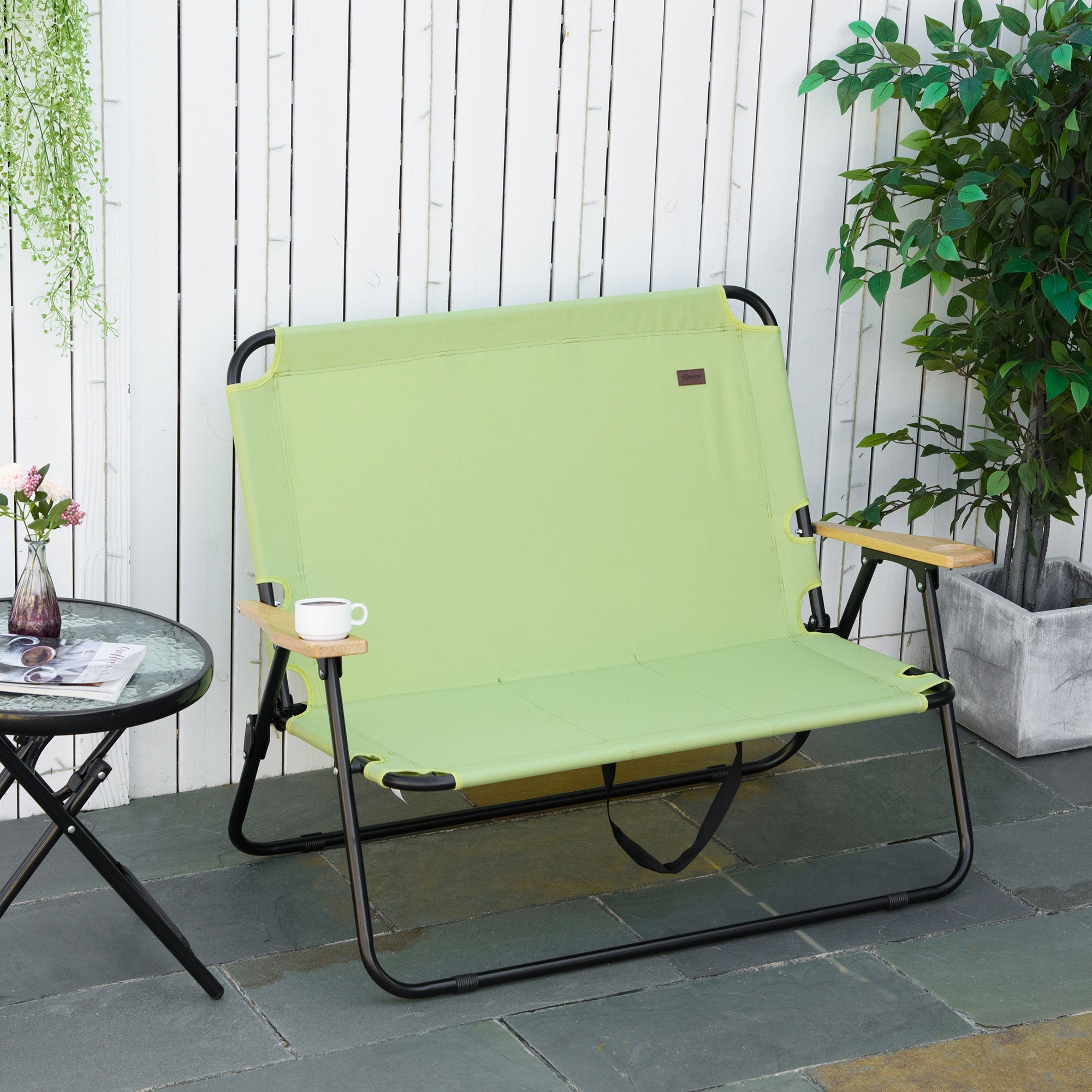 2-Seater Folding Camping Chair, Portable with Cup Holder, Light Green