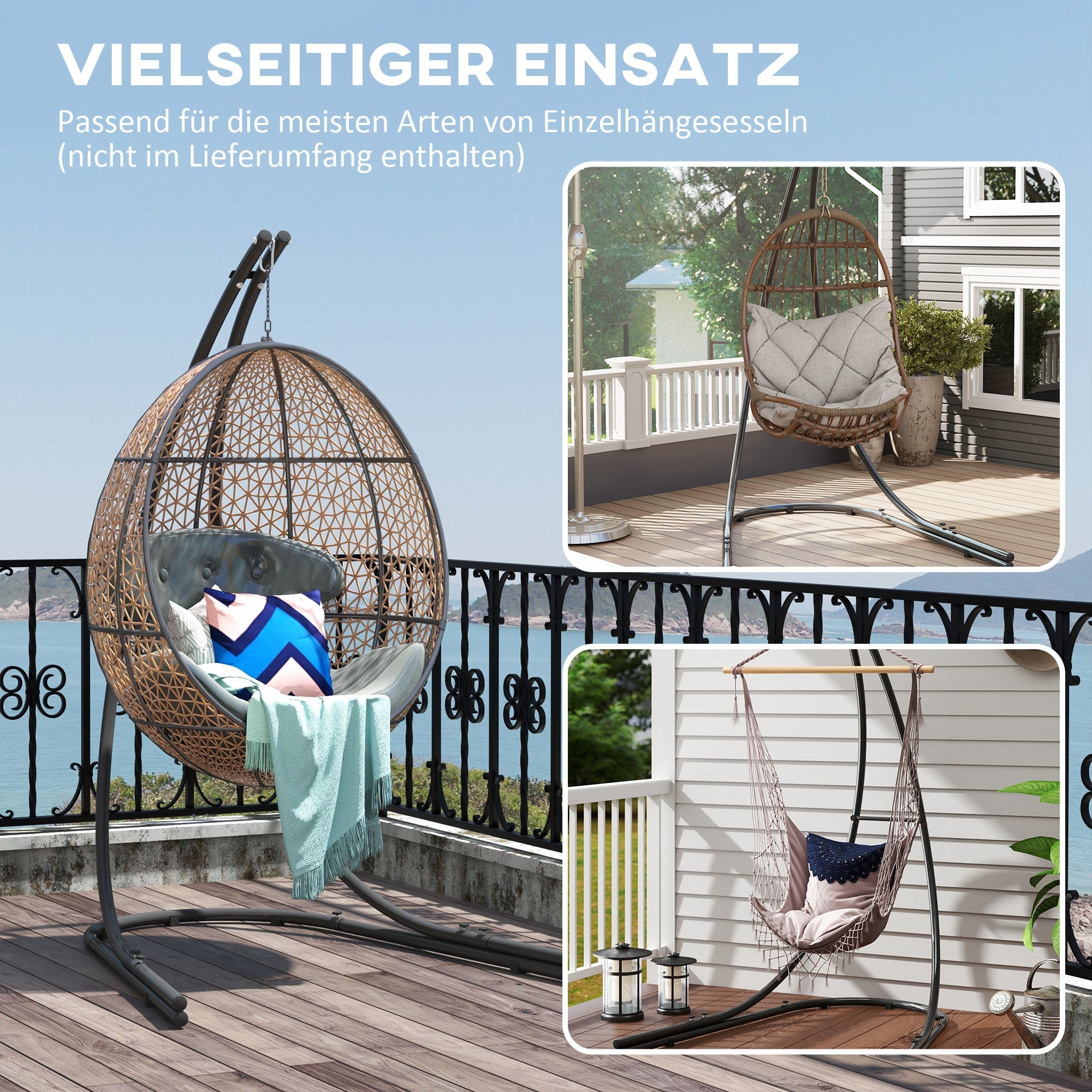 C-shaped Hanging Chair Stand, 150kg Indoor Outdoor Use, Metal Black