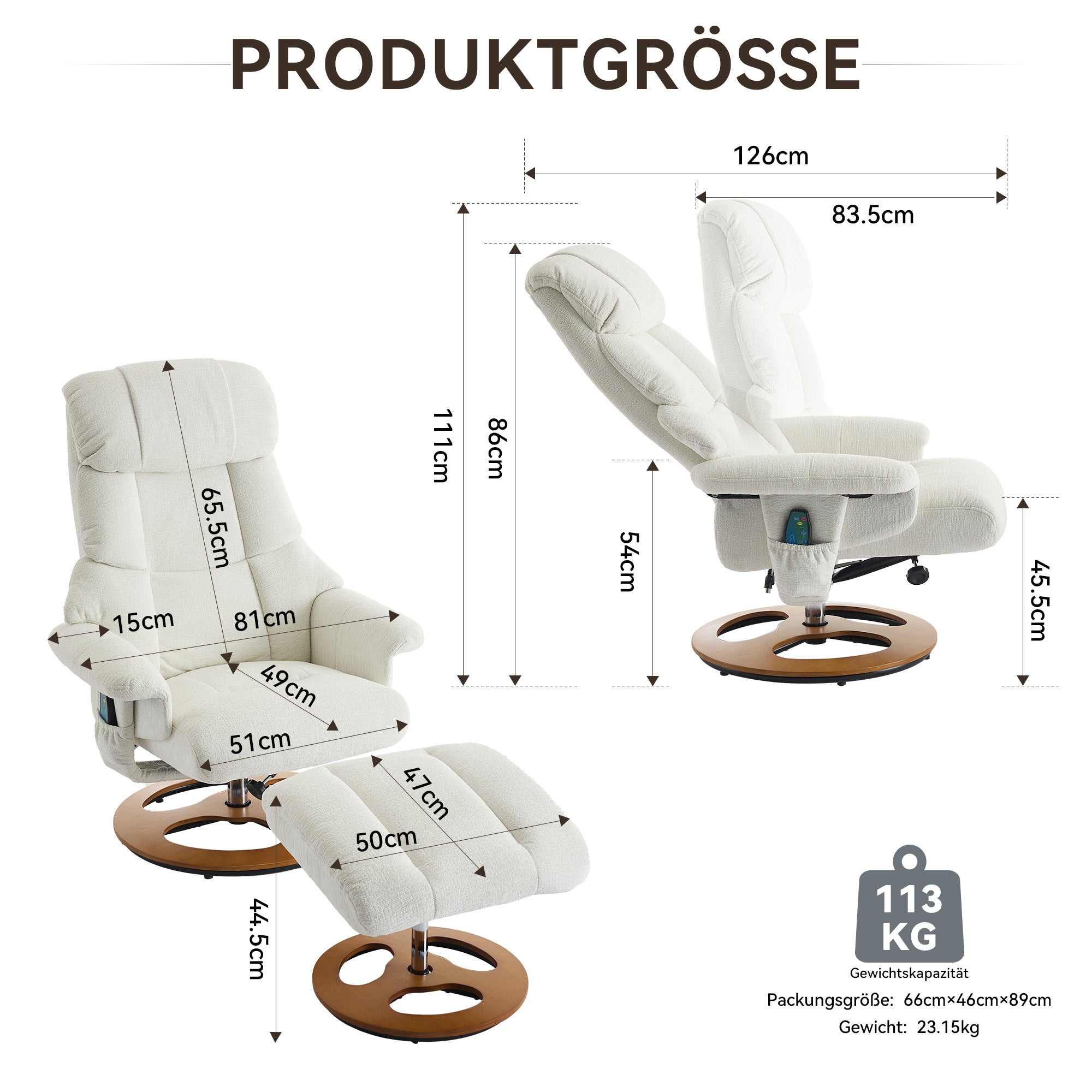 025 Recliner Chair with Massage, Heat, Reclining, Footstool, 360° Rotatable, Chenille Fabric White