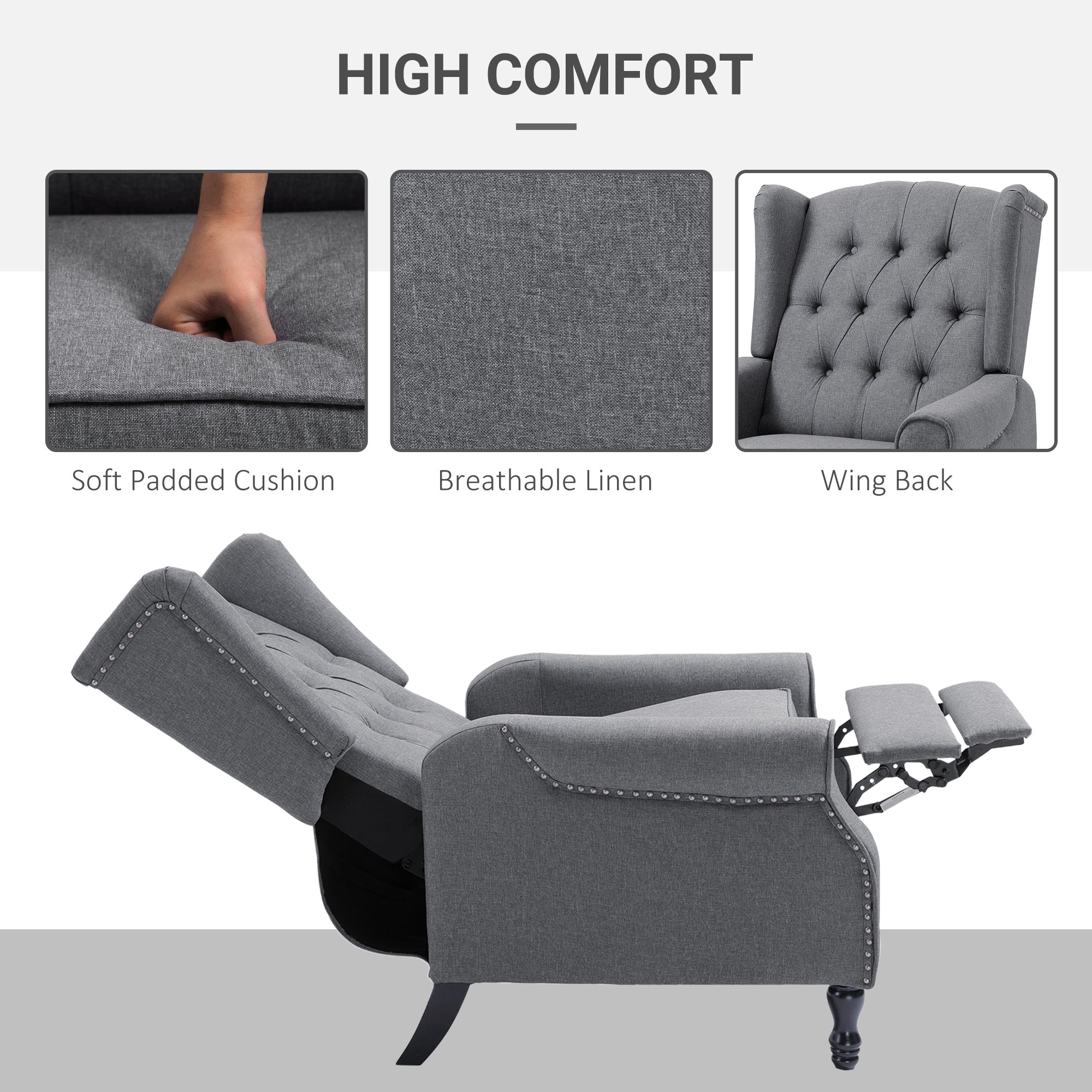 Recliner Armchair, Vintage Wingback Chair with Footrest, Grey