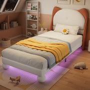 Upholstered Bed, Single/Children's, Cat-Ear Headboard, LED Light Strip, Beige + Yellow-Brown PU