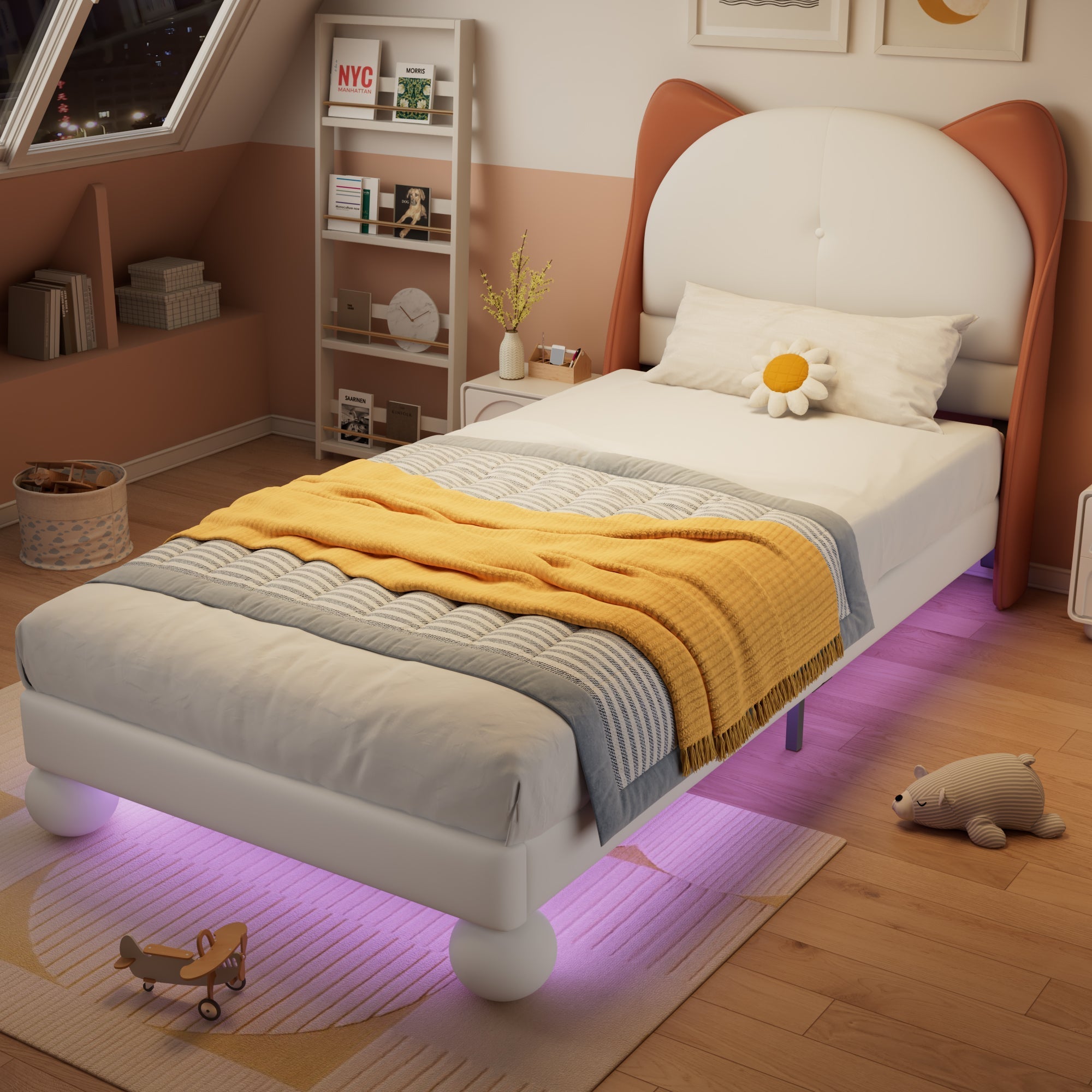 Upholstered Bed, Single/Children's, Cat-Ear Headboard, LED Light Strip, Beige + Yellow-Brown PU