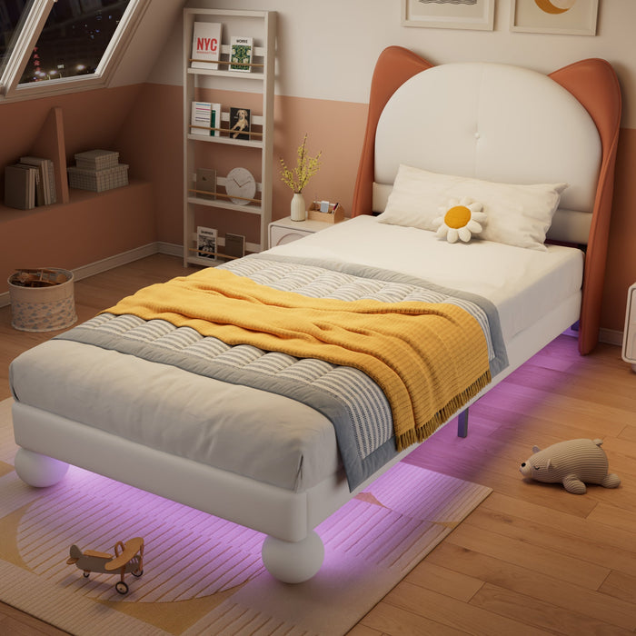 Upholstered Bed, Single/Children's, Cat-Ear Headboard, LED Light Strip, Beige + Yellow-Brown PU