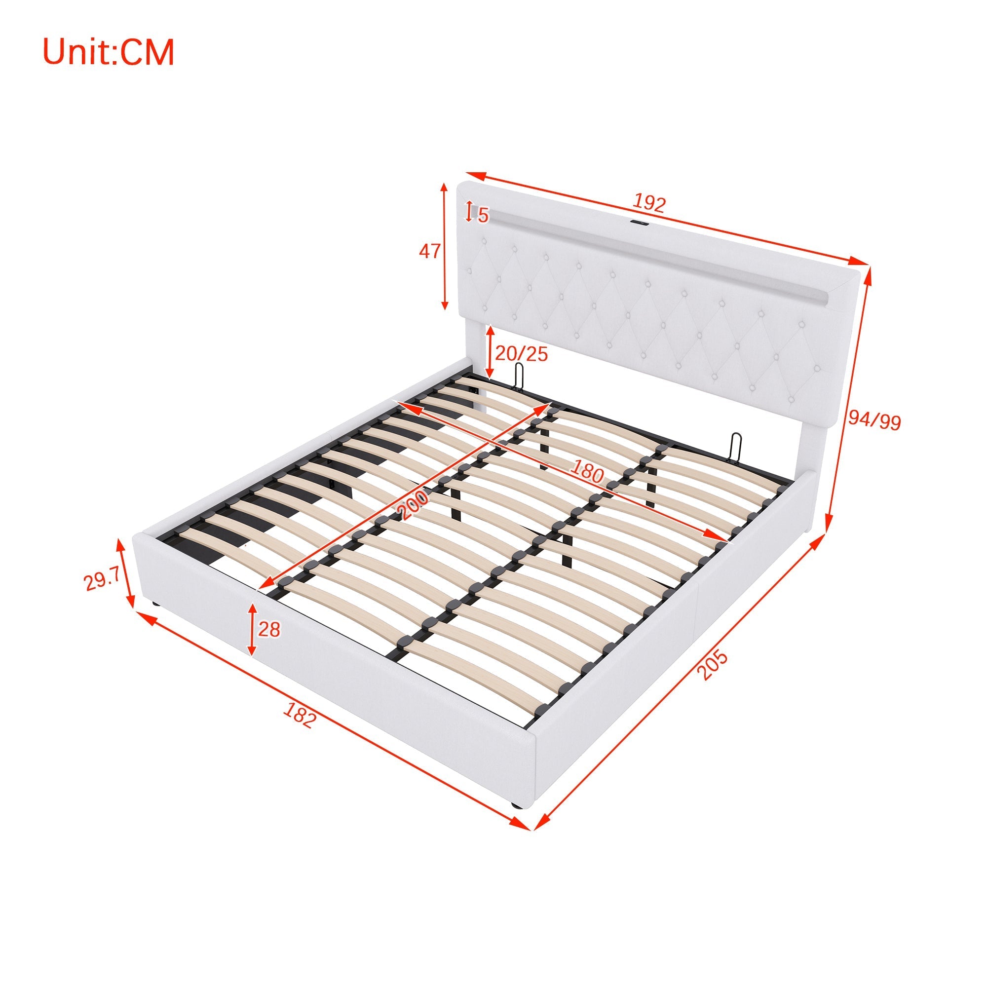 Upholstered Bed 180x200cm Hydraulic Storage LED USB - White