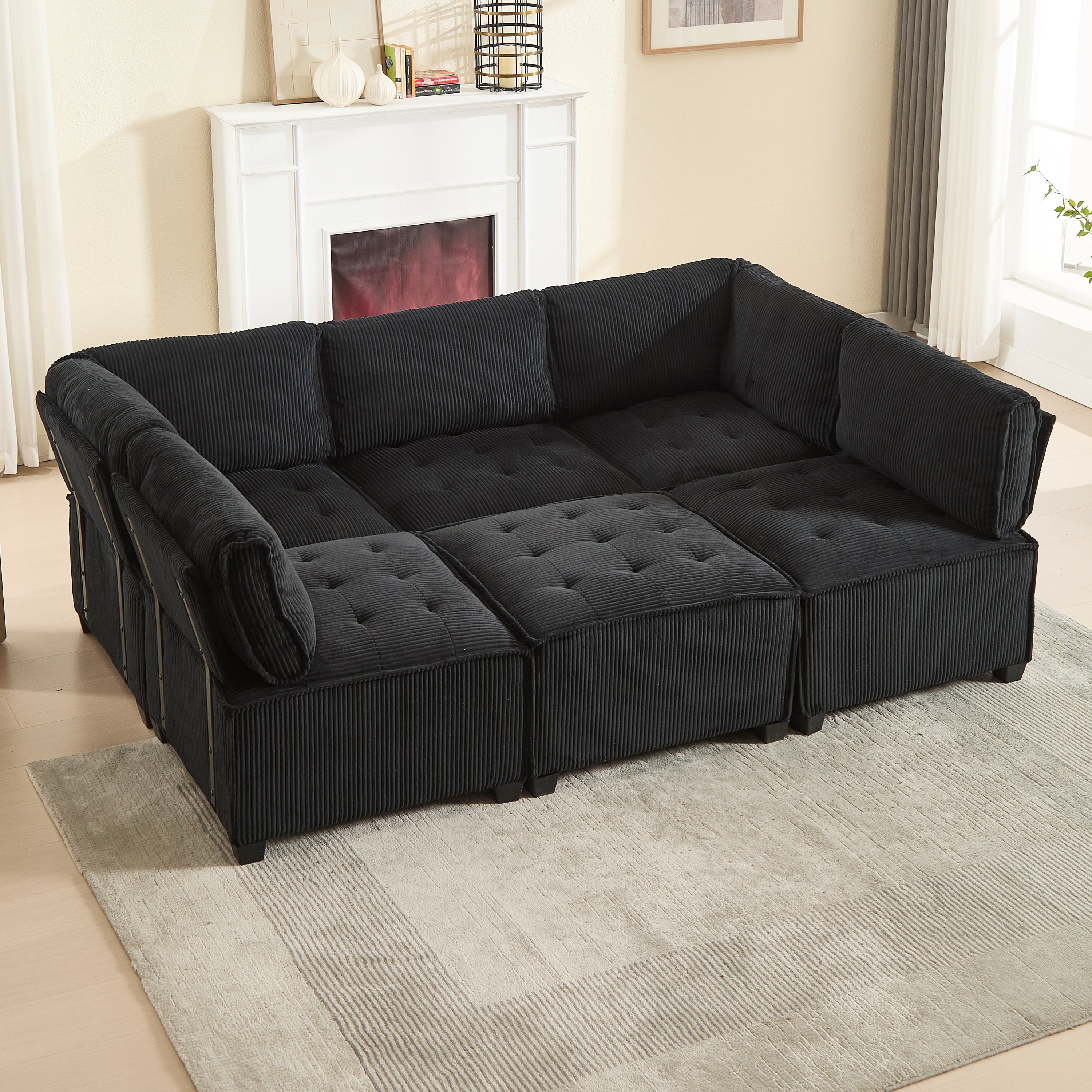 Modular Sofa 6-Seater 308cm, Ergonomic Storage Pockets, Corduroy Black