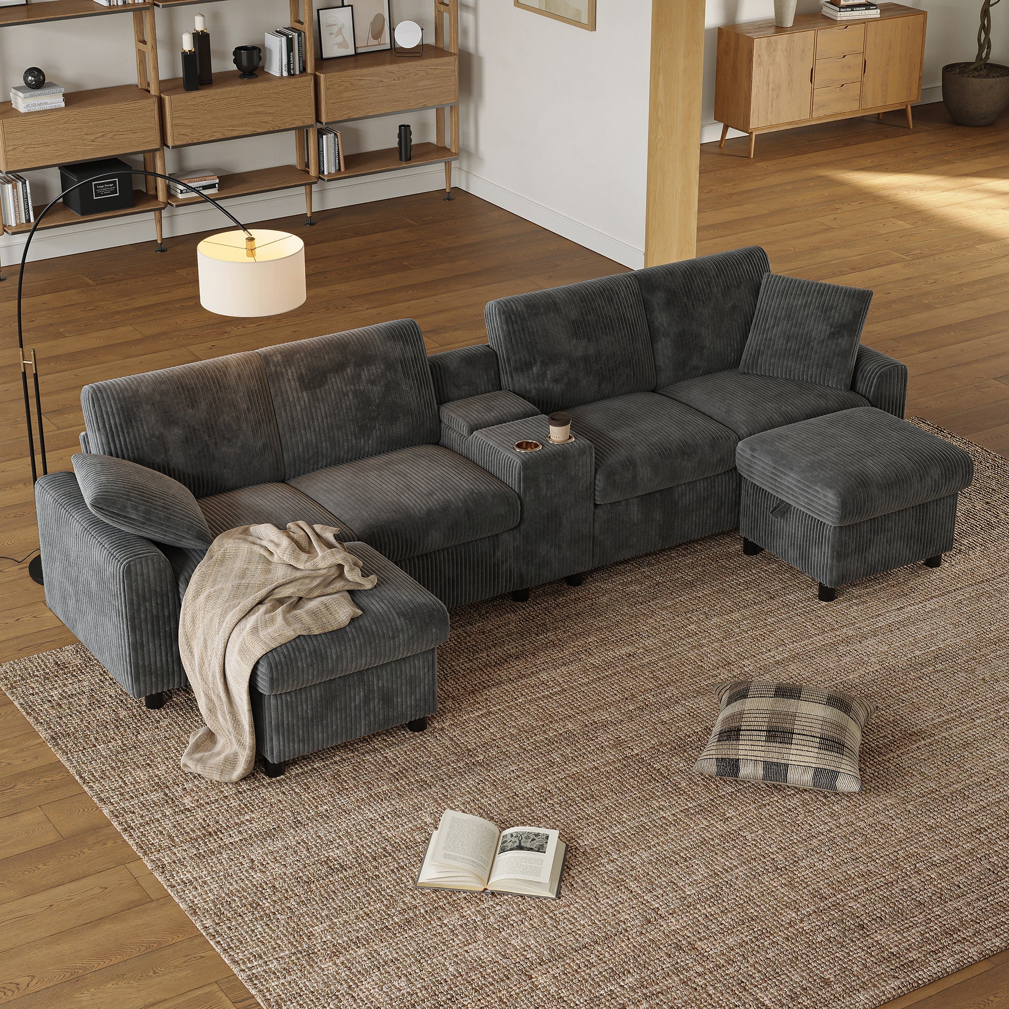 U-shaped Sofa with Storage Footstools Coffee Table USB Power Corduroy Grey