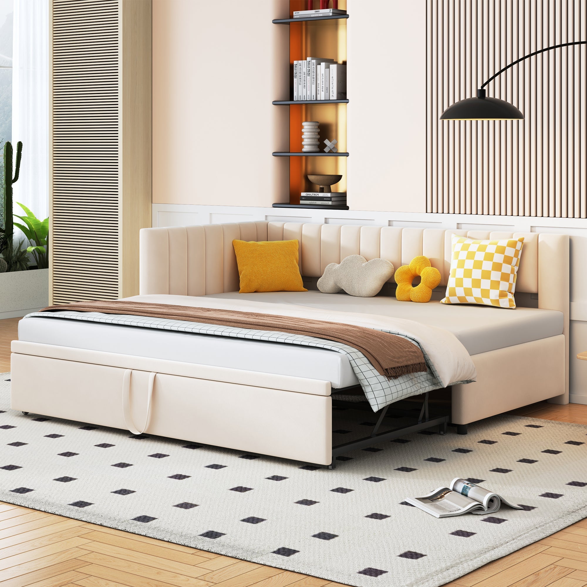 Multifunctional L-shaped Sofa Bed with Pull-Out Bed 90/180x200cm, Velvet Beige