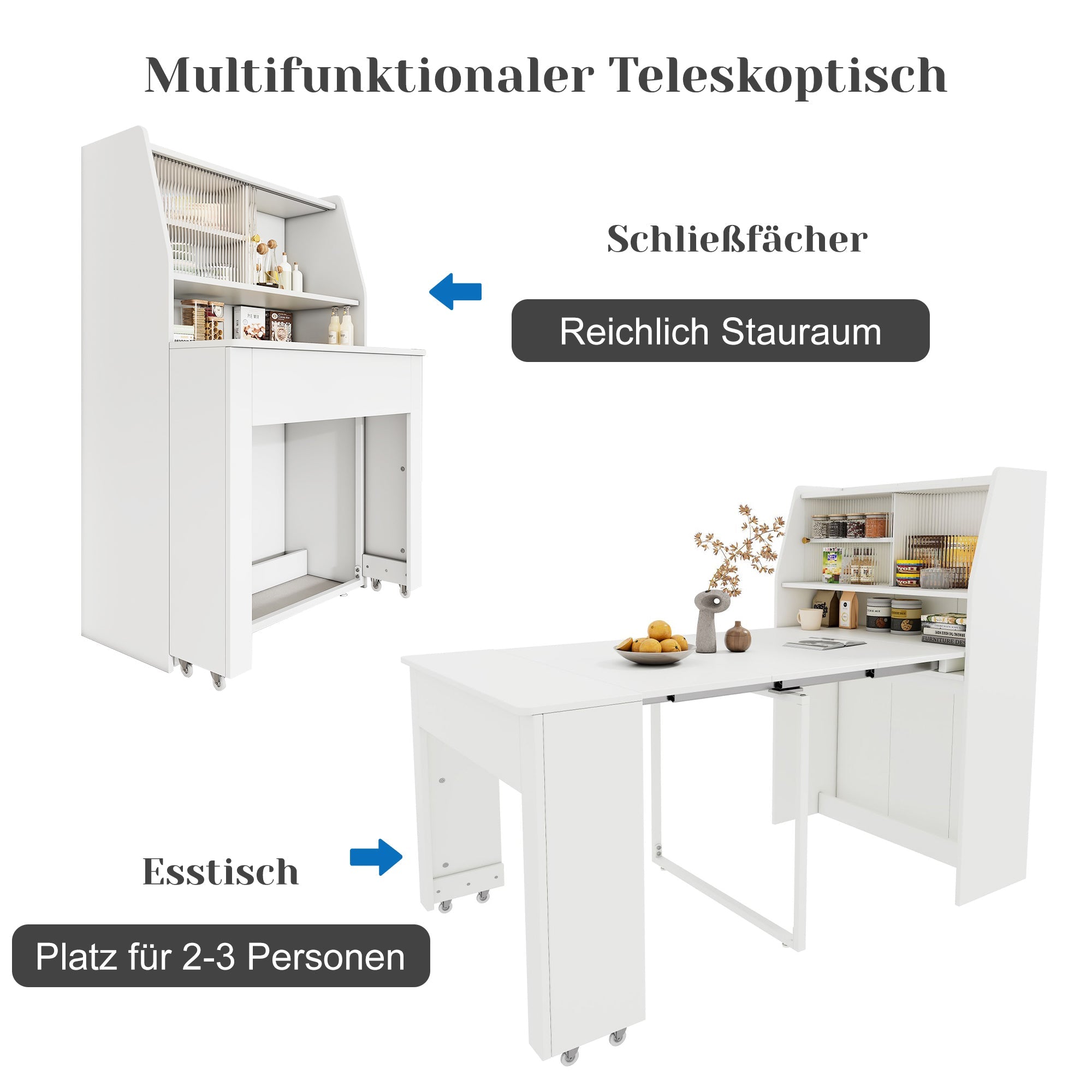 Extendable Dining Table Multifunctional Storage Cabinet Rectangular White