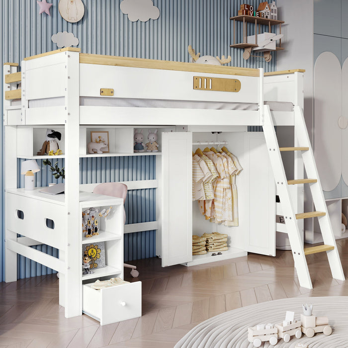 Bunk Bed with Safety Rail, Table, Wardrobe, Ladder, 90x200cm, Pine/MDF White/Natural