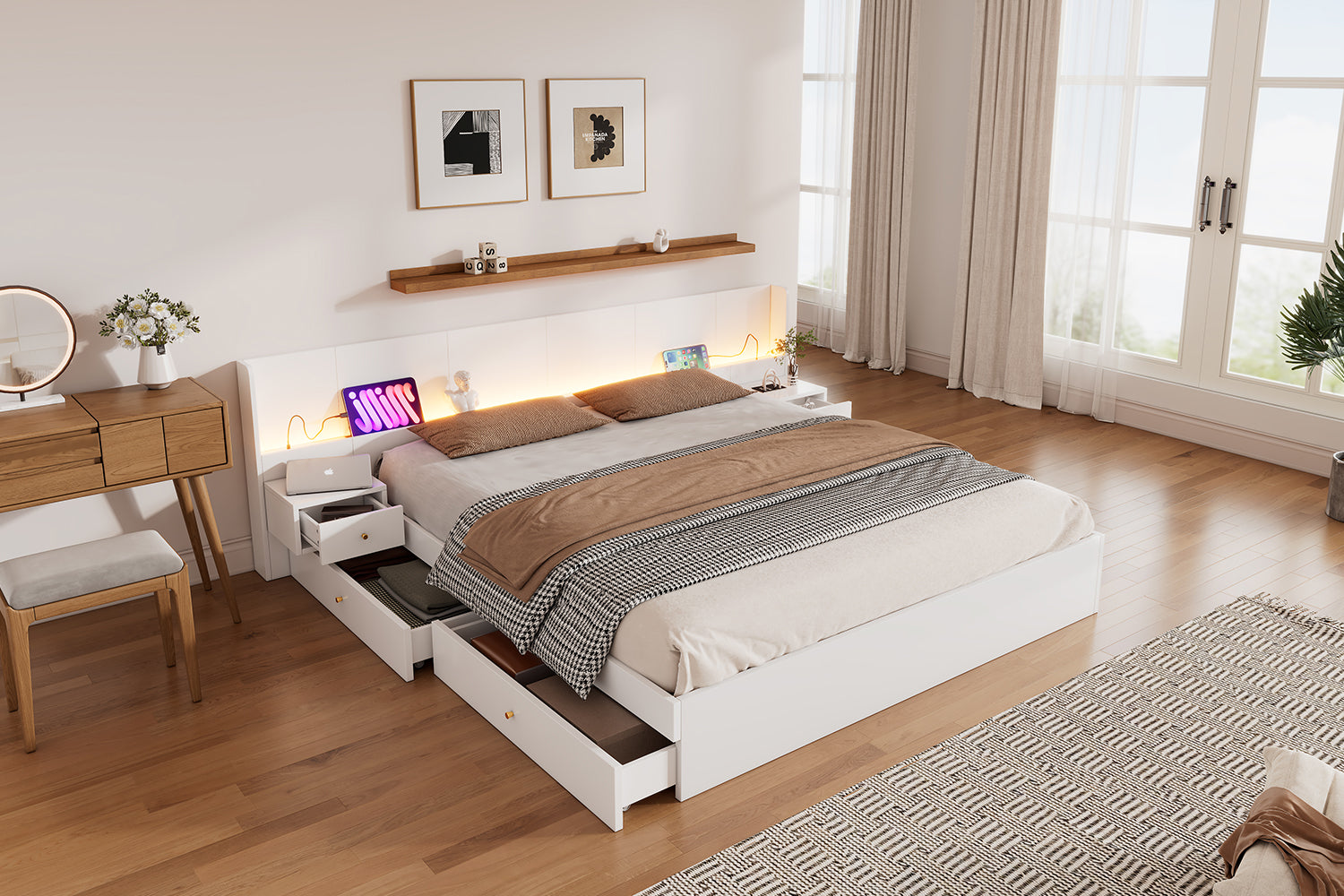 Double Bed 180x200cm LED USB App Control 2 Nightstands Storage - White Wood