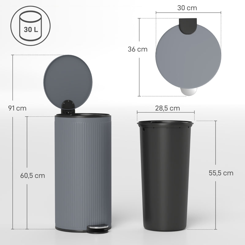 Pedal Bin 30L Soft-Close Metal Inner Bucket - Dark Grey