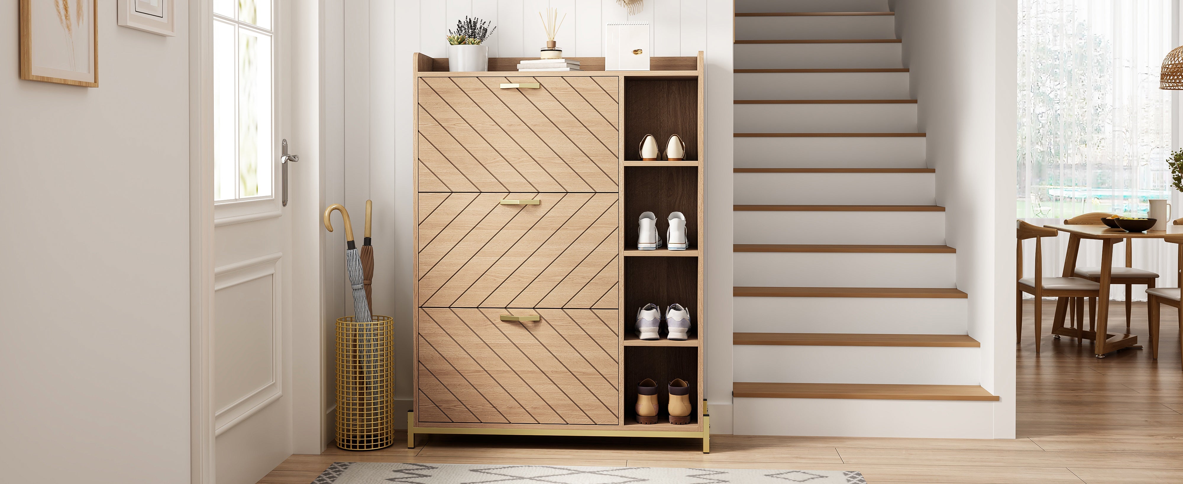 Nordic Style Shoe Cabinet with 3 Doors, Hinged Lid and Side Shelves, Oak Grain