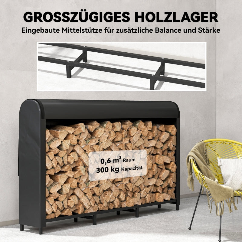 Firewood Rack 199x30x121cm, 0.6m³ Storage with Waterproof Cover, 300kg Capacity, Metal
