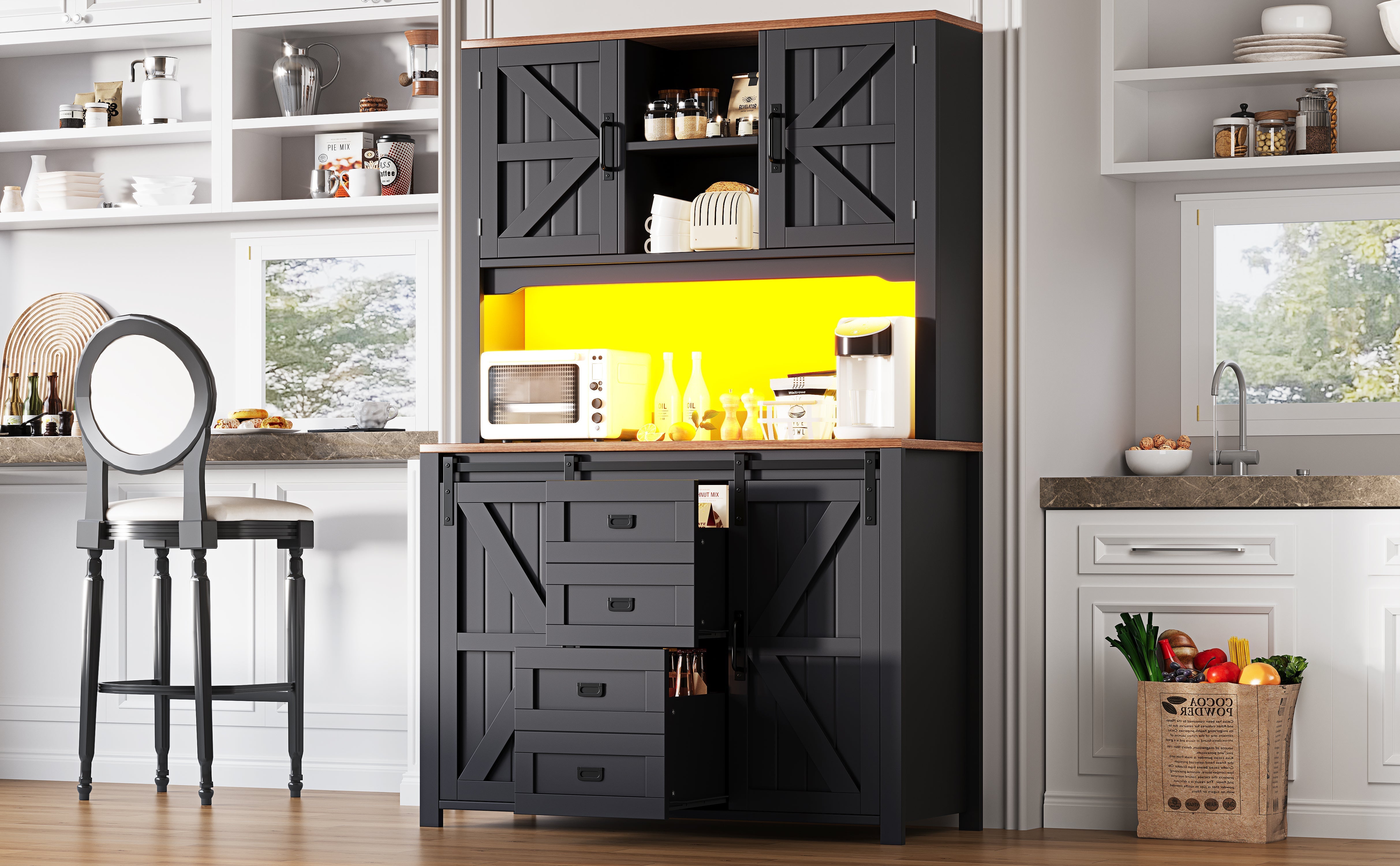 Tall Kitchen Sideboard 115x40x175cm Sliding Doors LED - Black/White