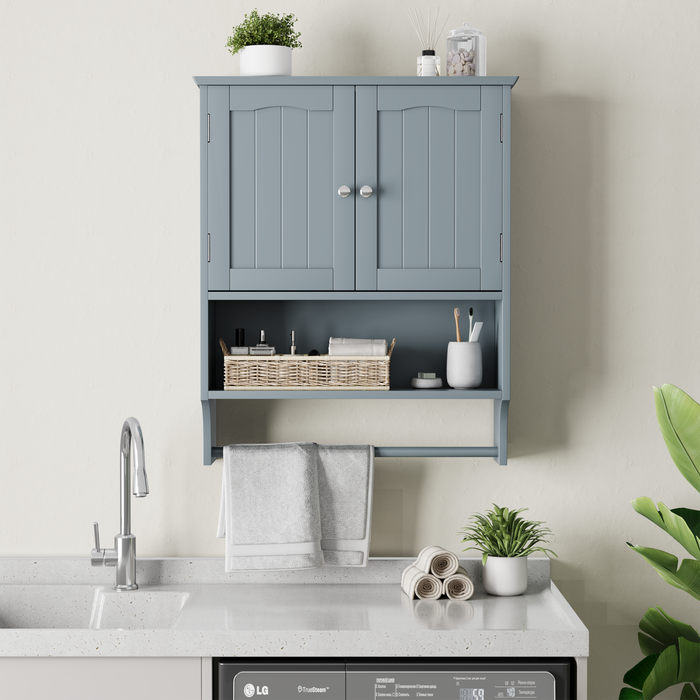 Bathroom Wall Cabinet, 2 Doors, Open Shelves & Towel Rail, Grey