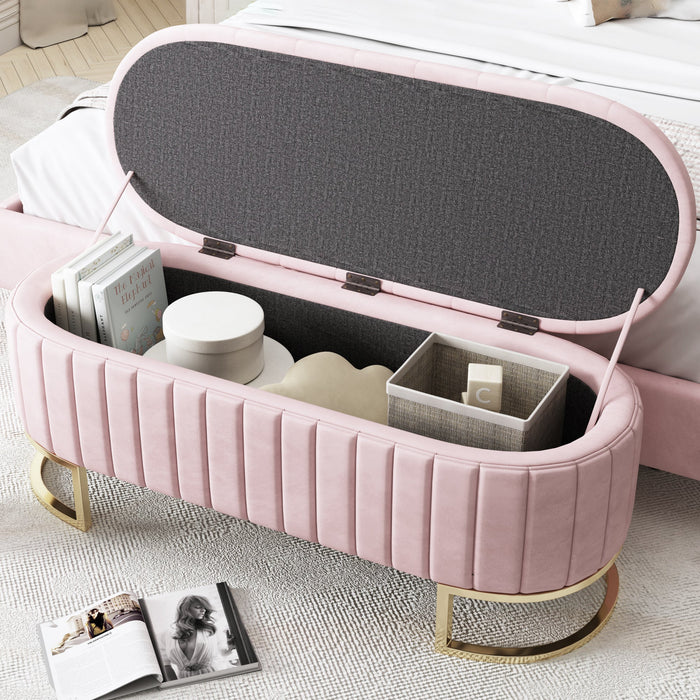 Storage Bench and Footstool with Storage Space, 120 x 40 cm, Pink Velvet Fabric