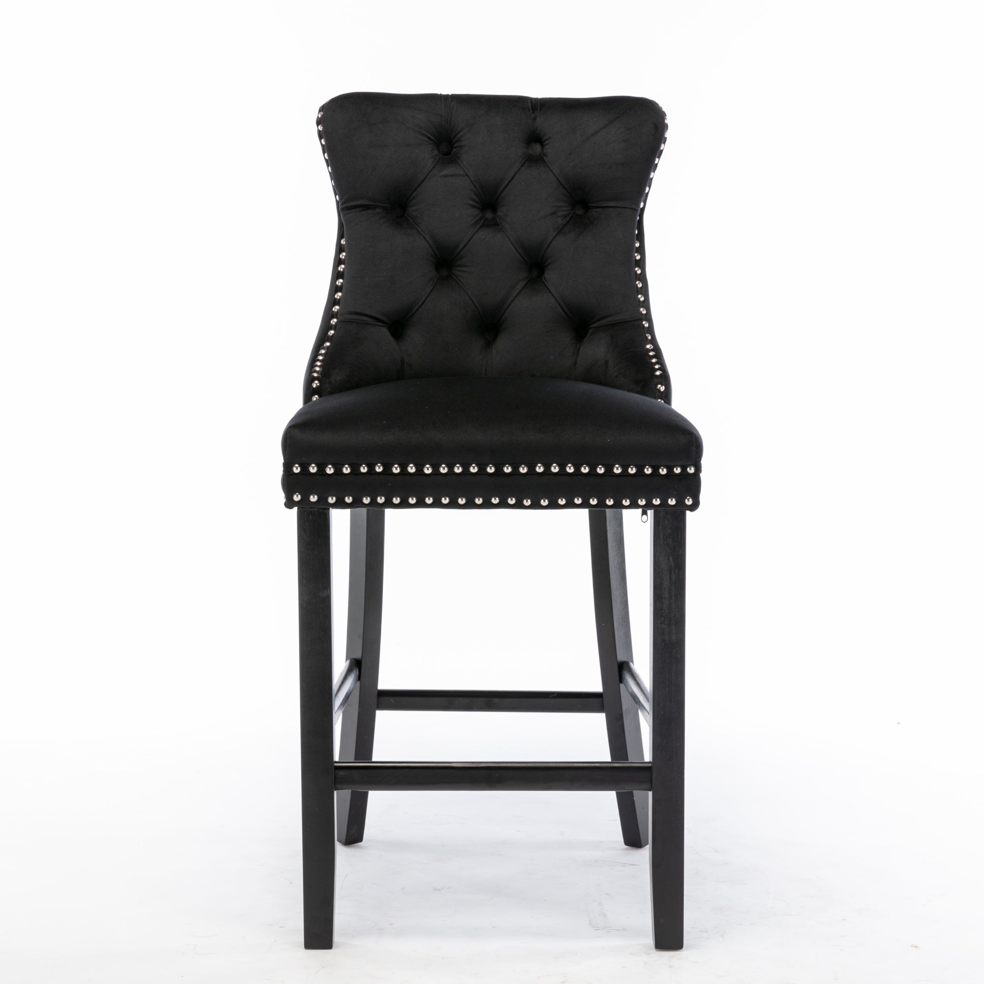 Contemporary Barstools, Button Tufted Wooden Legs Set of 2, Velvet Black