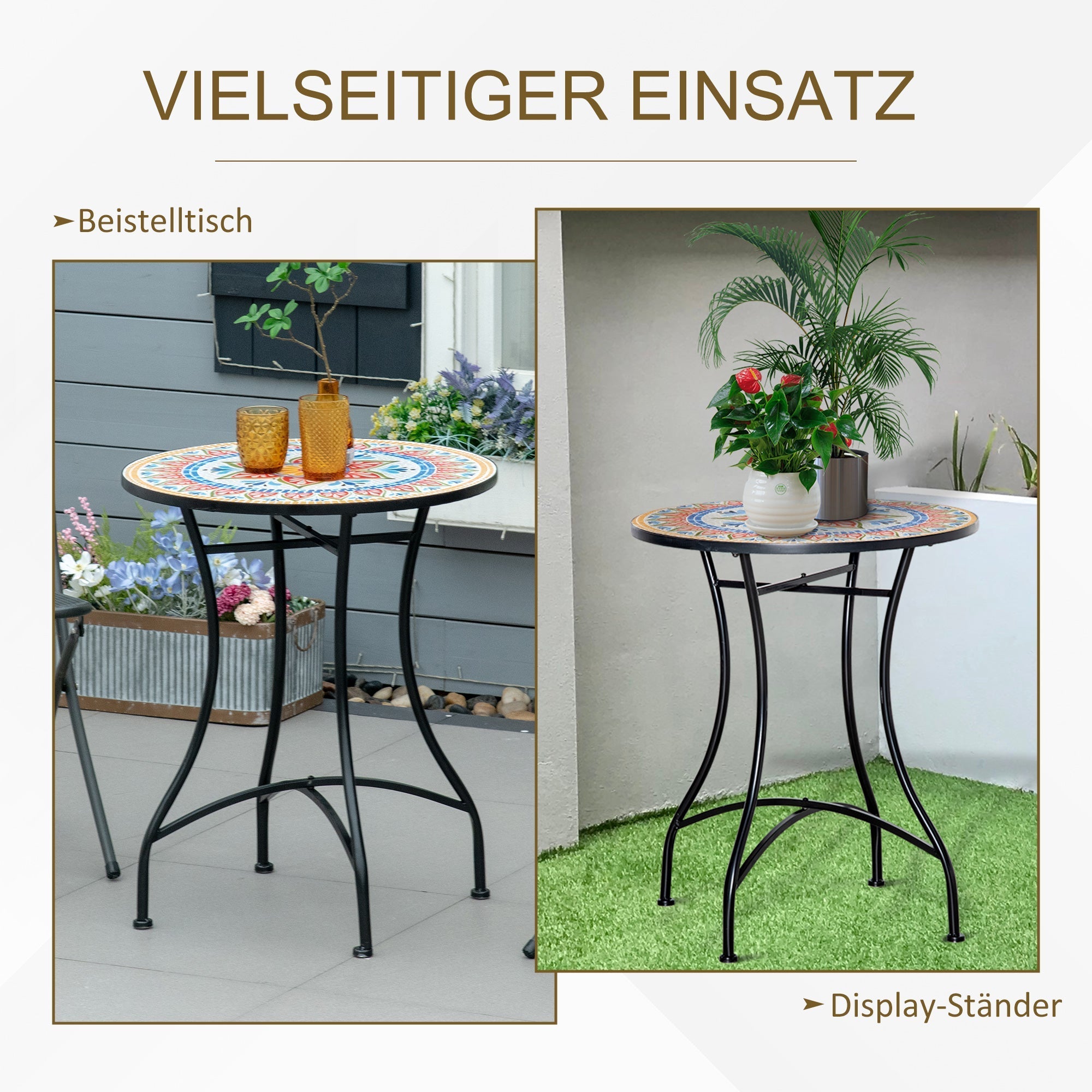 Garden Table Mosaic Bistro Side Table Round Ø60 cm, Ceramic Metal Red+Blue+White
