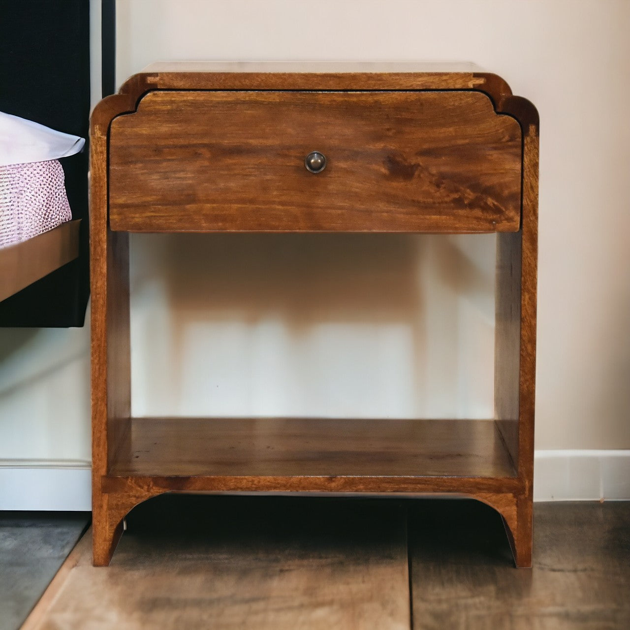 Newton Bedside, 1 Drawer Open Shelf, Solid Wood Dark Brown