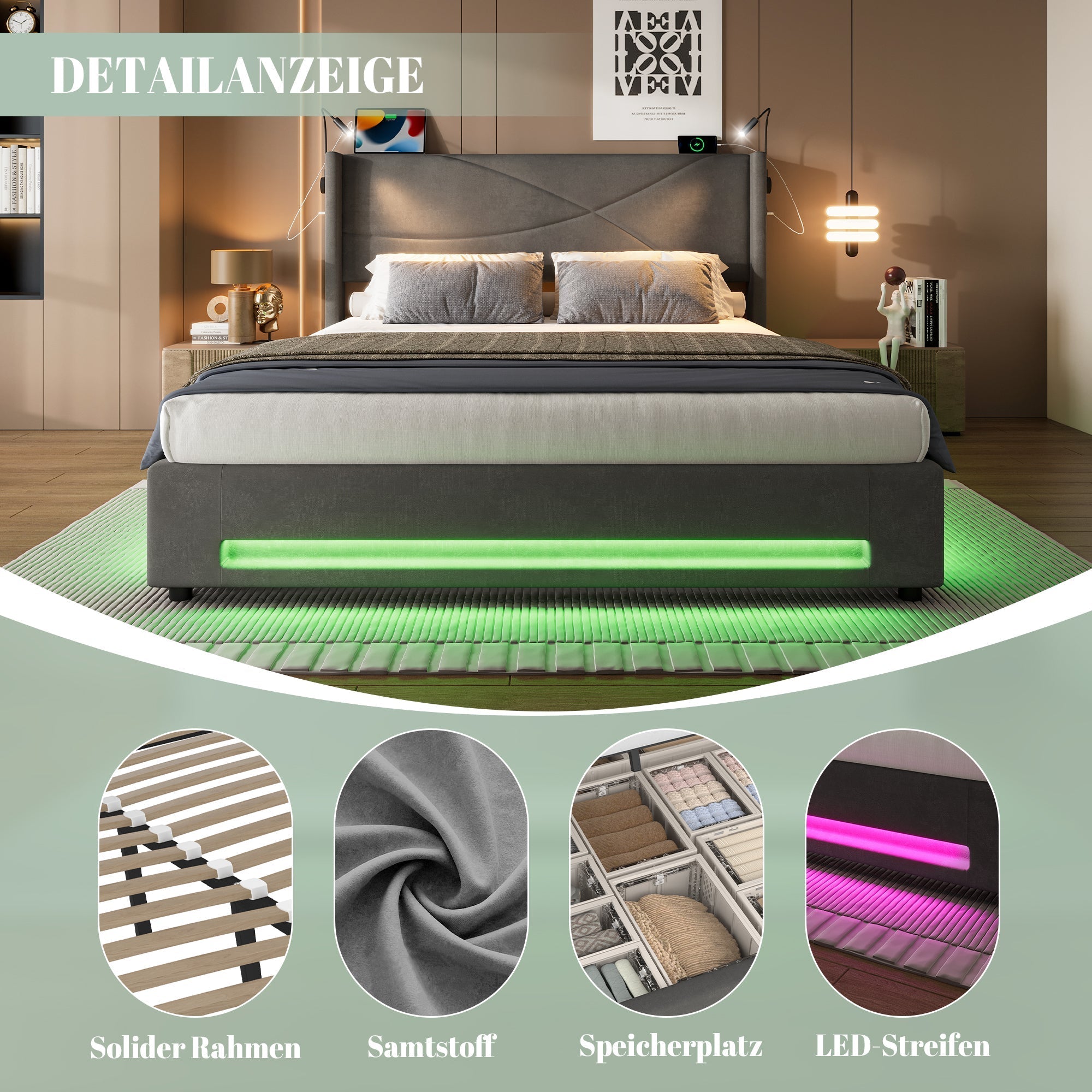 Bed Frame, Modern Design 160x200cm, Hydraulic Storage, LED Lights, USB Ports