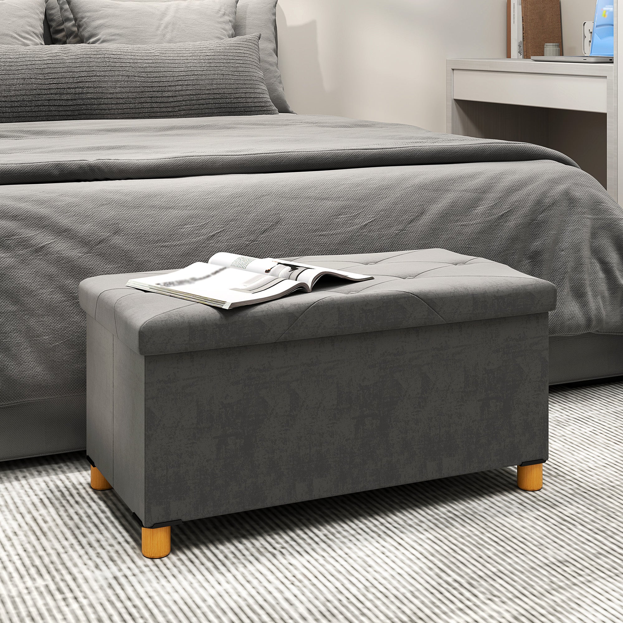 Bench with Storage, Foldable Upholstered, Velvet Look, Gray