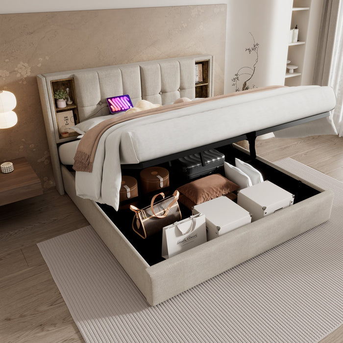 Upholstered Bed 6FT Super King Size 180x200cm Wireless Charging Hydraulic Storage Linen Natural